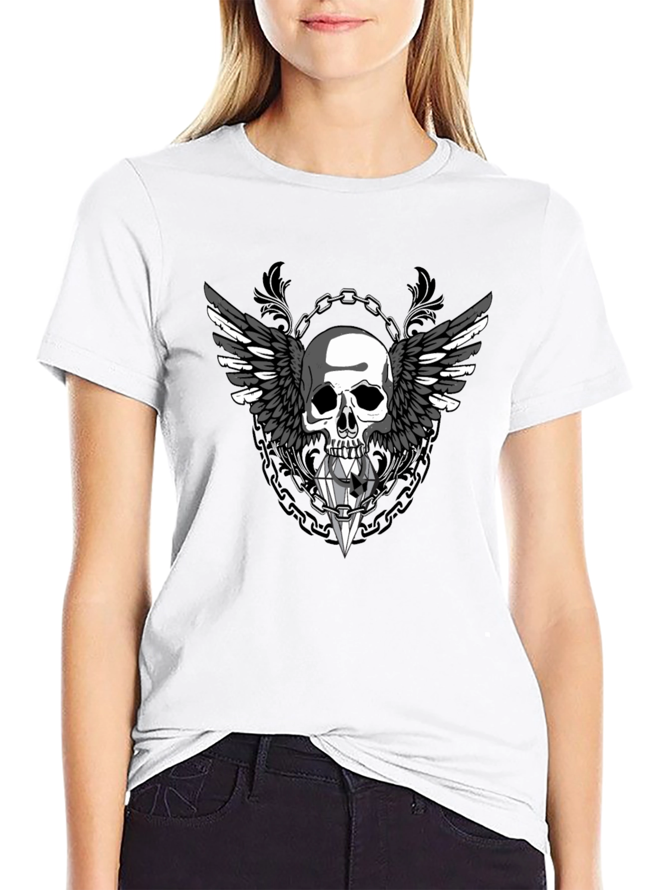 Winged Skull Diamond Graphic Tee - Gothic Style