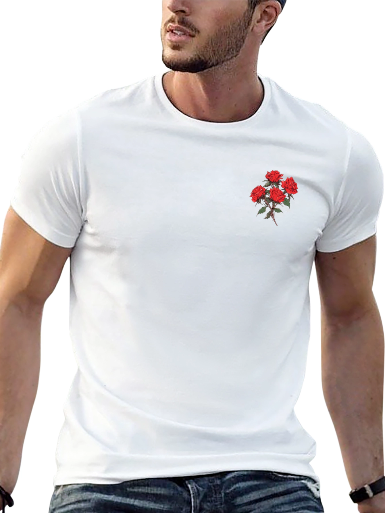 Black T-Shirt with Printed Rose Detail