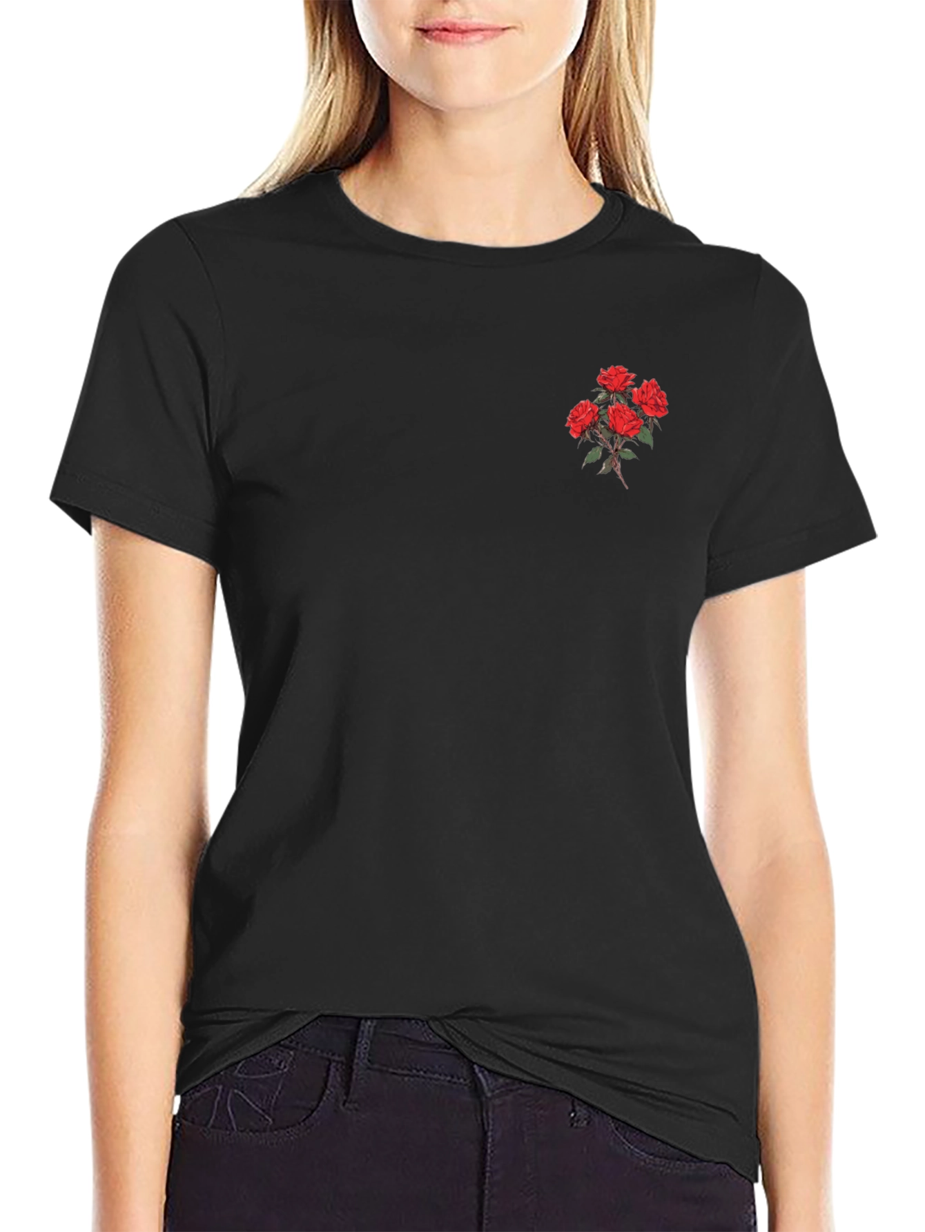 Black T-Shirt with Printed Rose Detail
