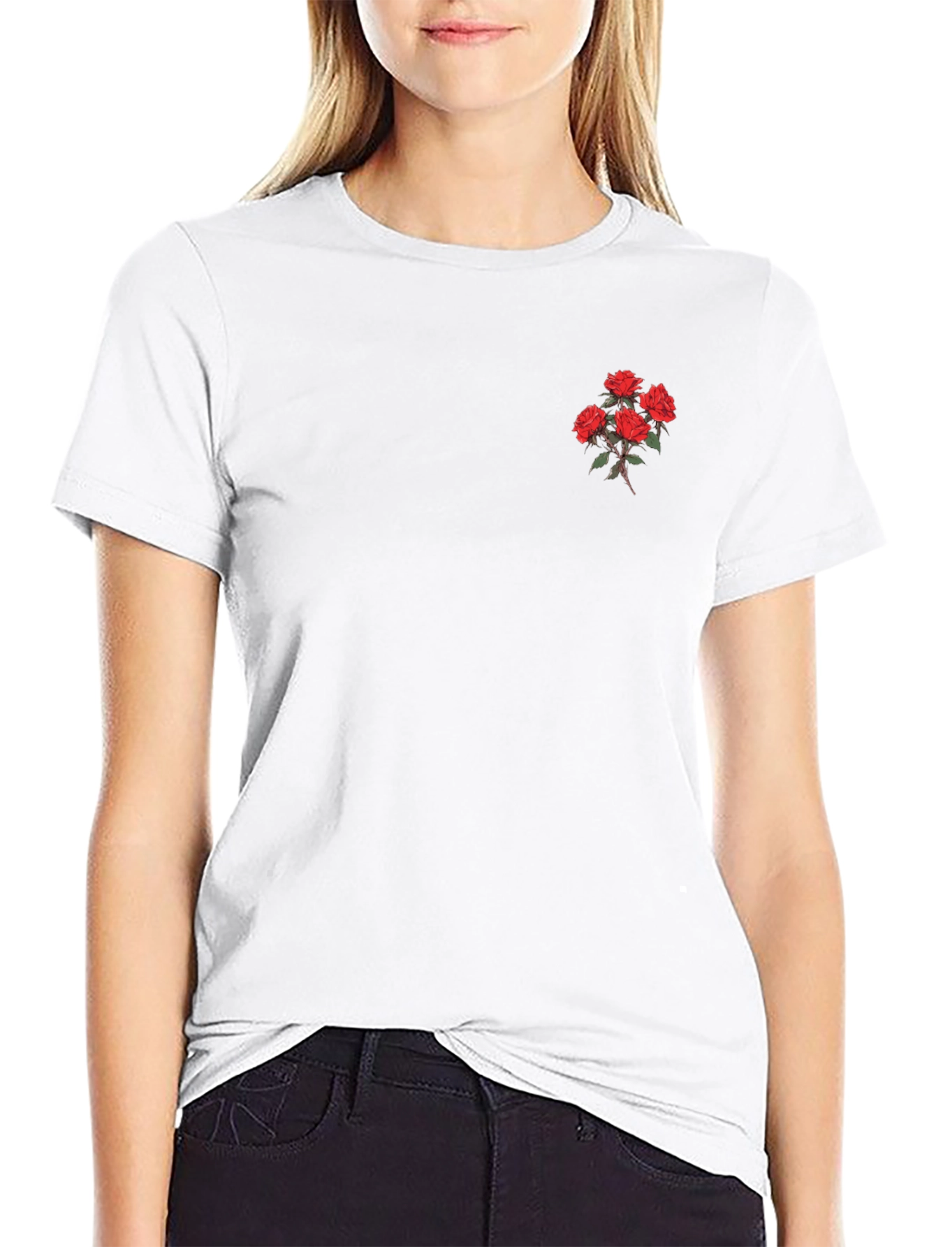 Black T-Shirt with Printed Rose Detail