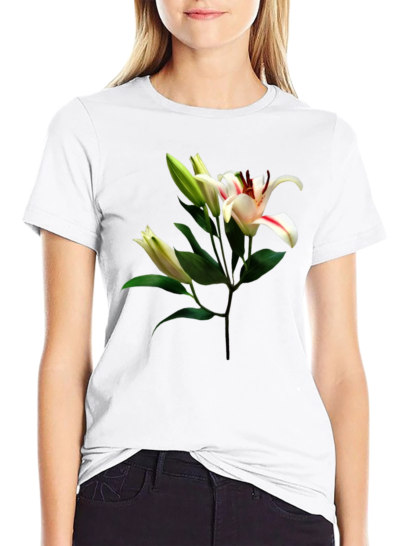 Floral Lily Print Black T-Shirt