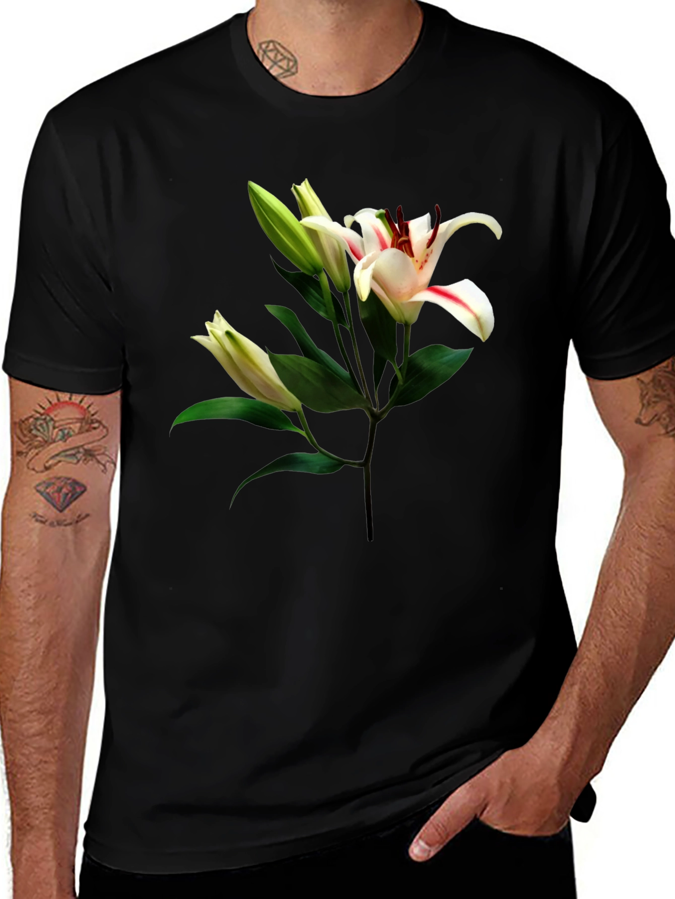 Floral Lily Print Black T-Shirt