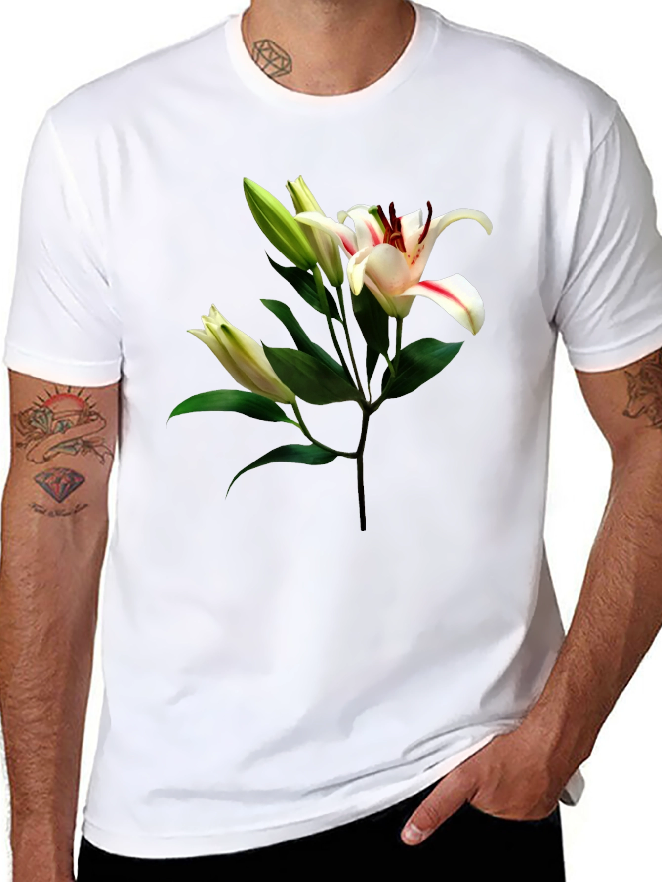 Floral Lily Print Black T-Shirt