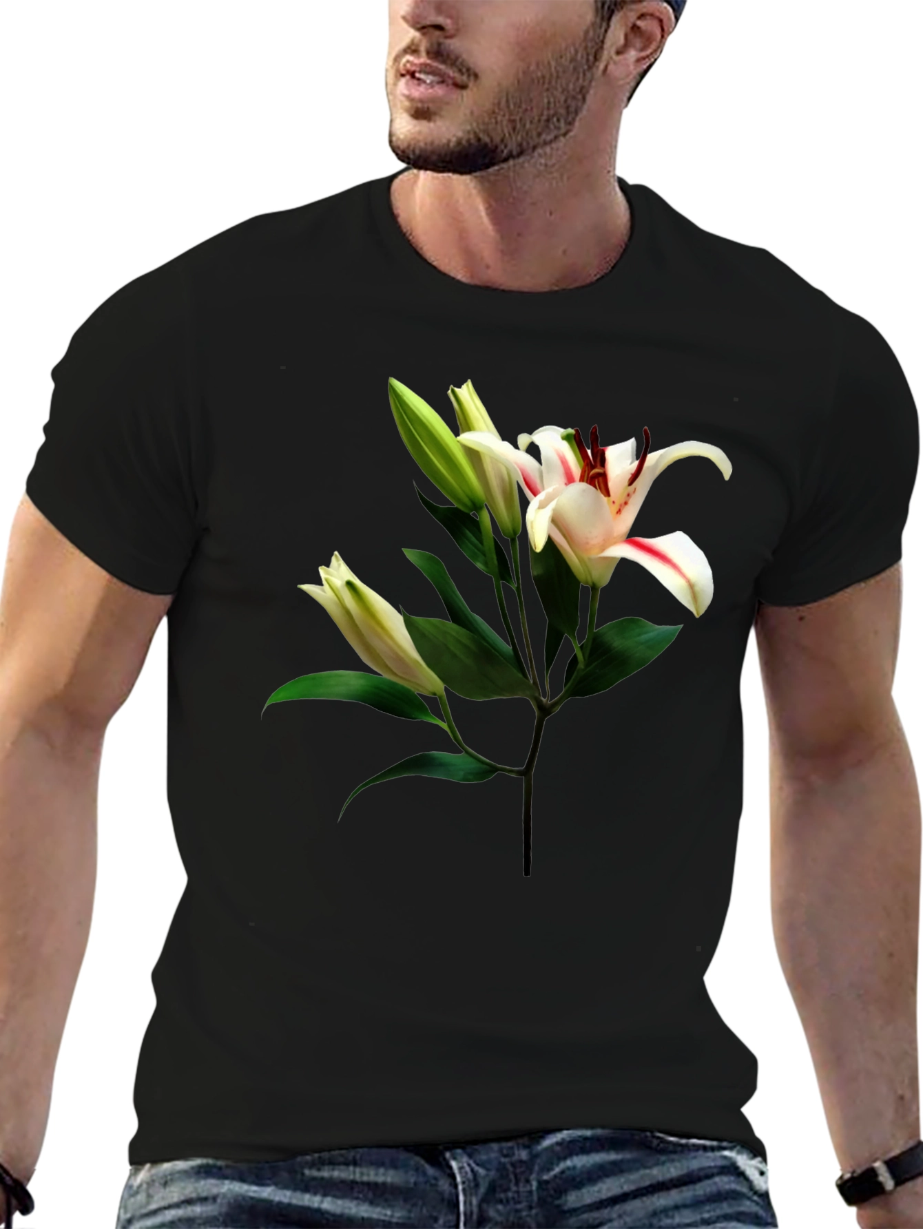 Floral Lily Print Black T-Shirt