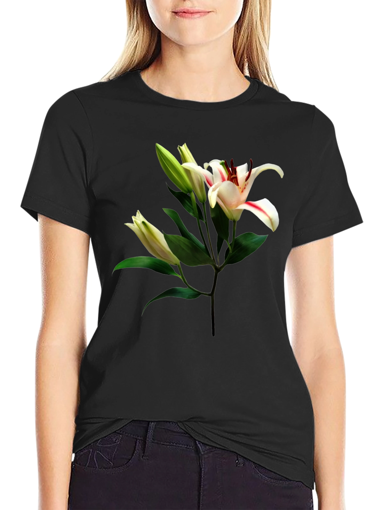 Floral Lily Print Black T-Shirt