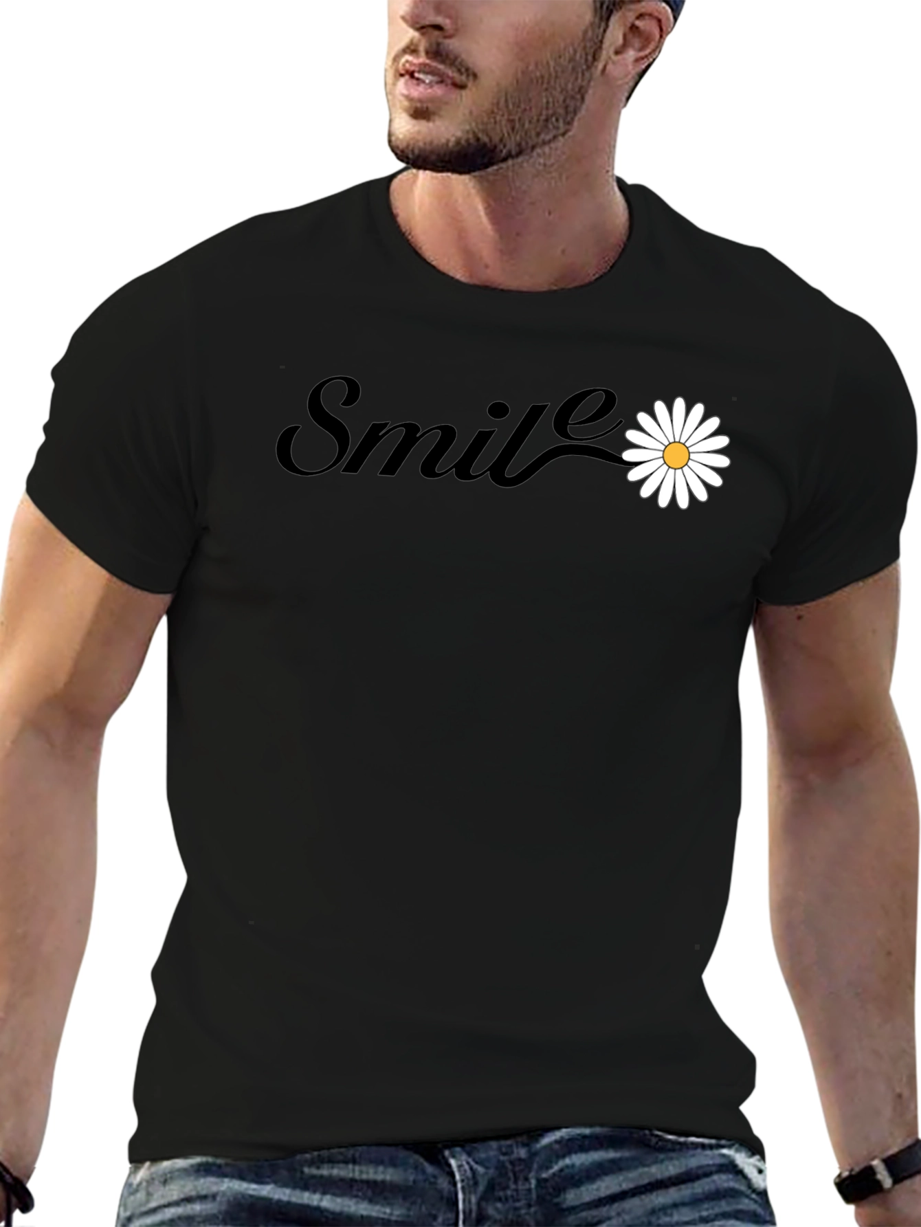 Smile Daisy Graphic Tee - Black Cotton Blend