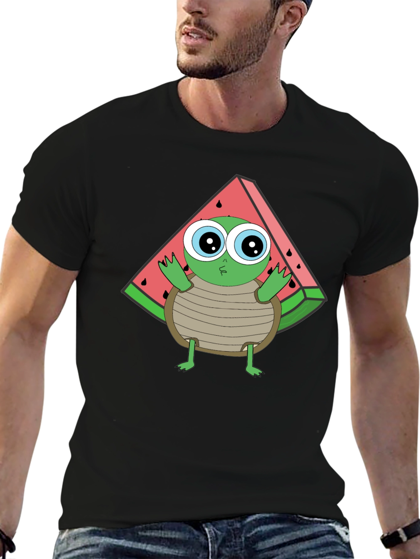 Turtle Watermelon Graphic Tee - Black Cotton T-Shirt