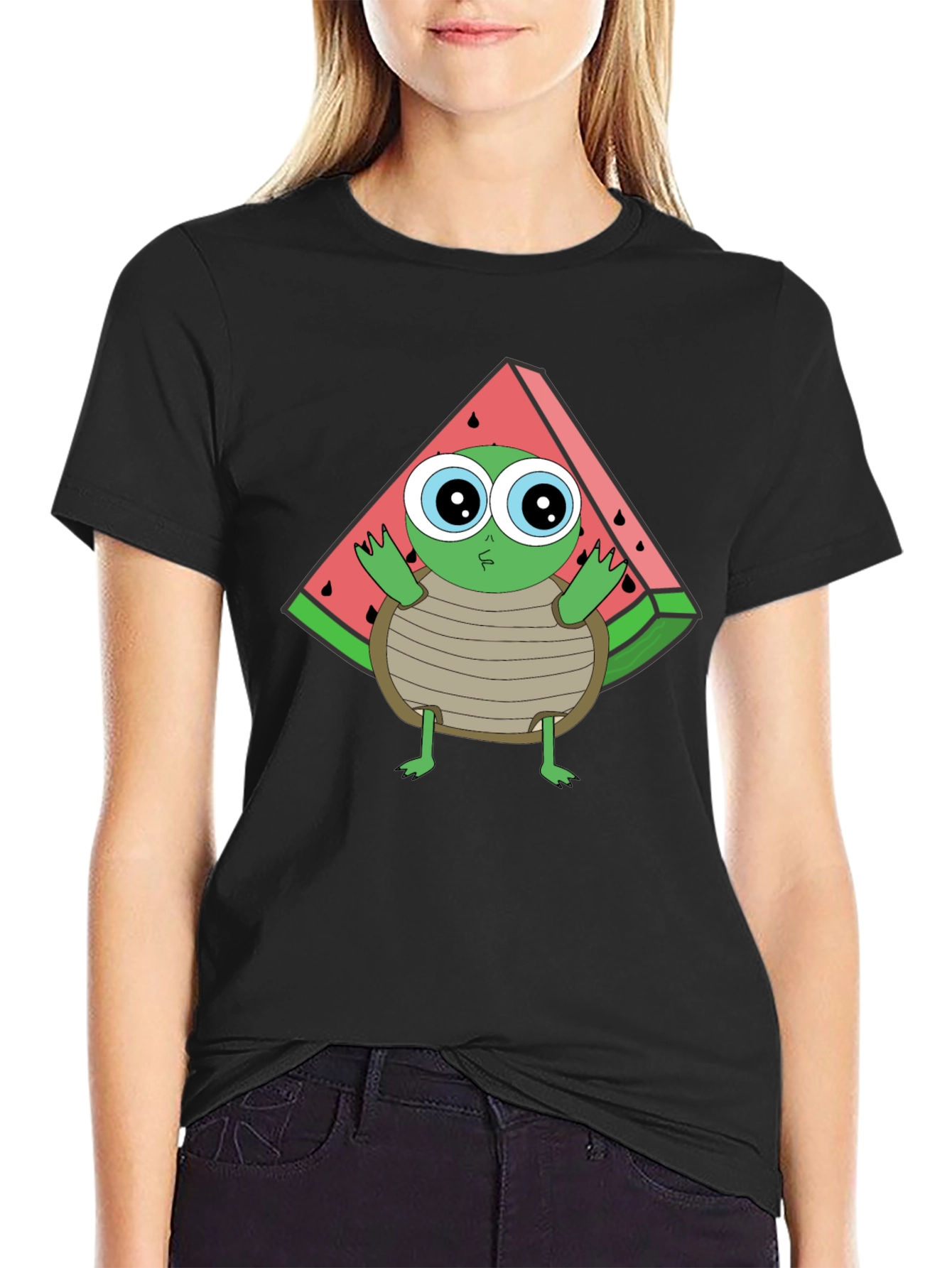 Turtle Watermelon Graphic Tee - Black Cotton T-Shirt