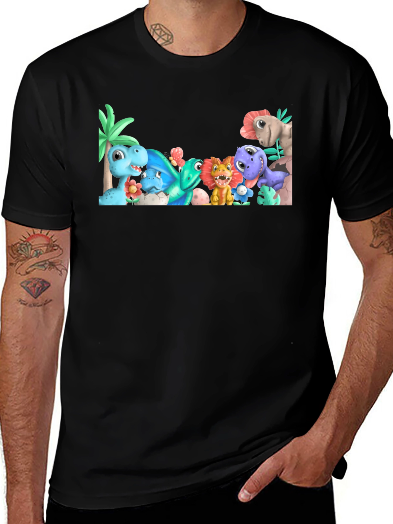 Cute Cartoon Dinosaur Graphic Black T-Shirt
