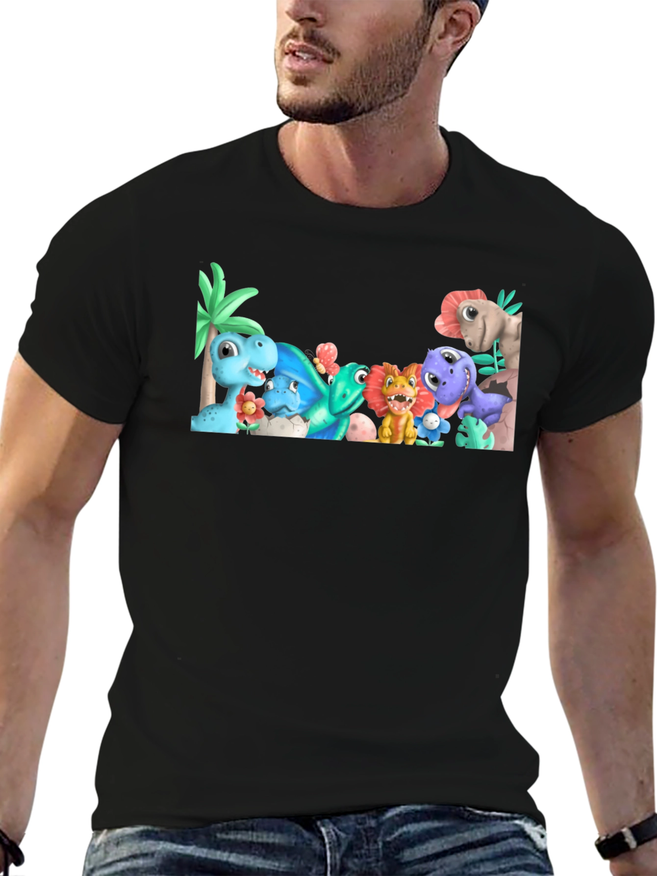 Cute Cartoon Dinosaur Graphic Black T-Shirt
