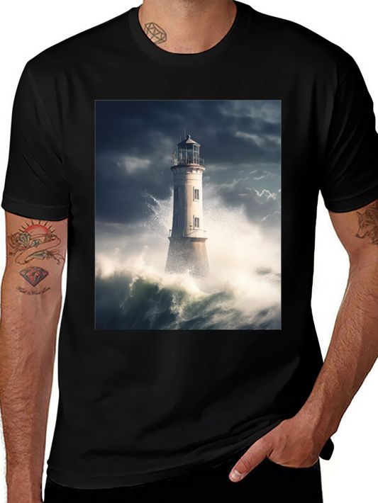 Stormy Lighthouse Graphic Tee - Mens Black Cotton T-Shirt