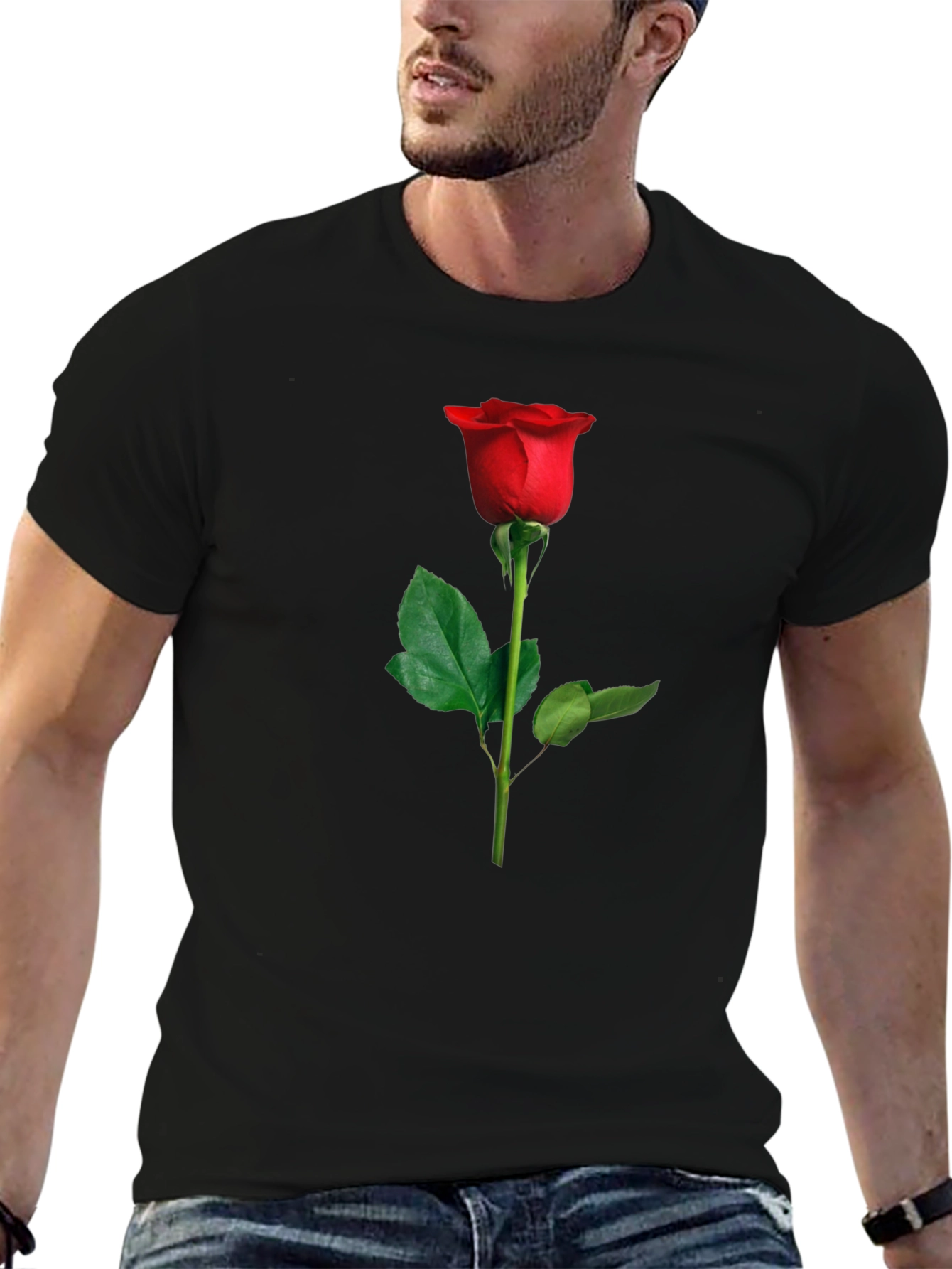 Elegant Red Rose Graphic Tee - Black Cotton