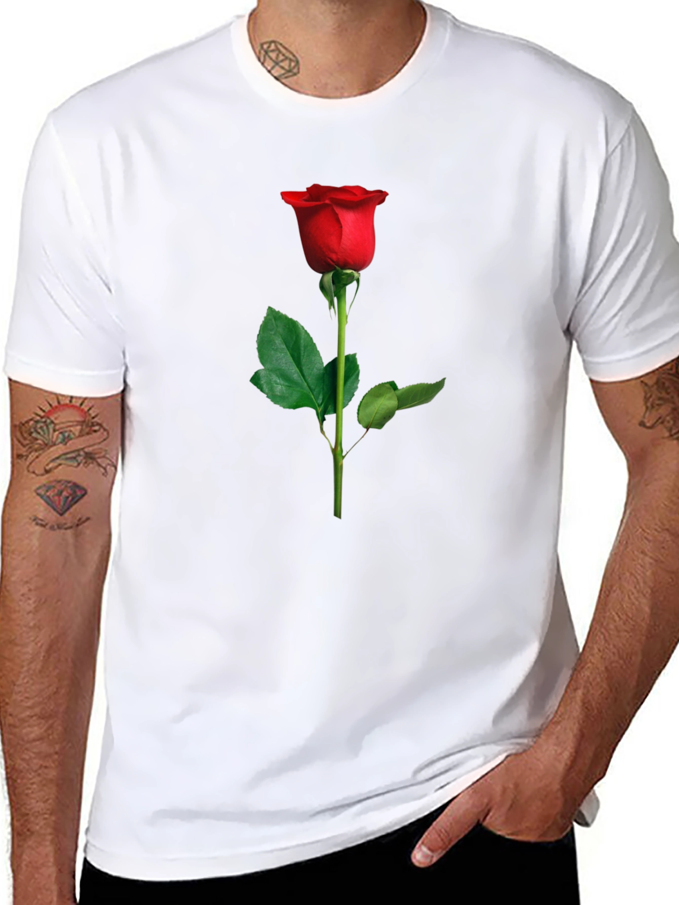 Elegant Red Rose Graphic Tee - Black Cotton