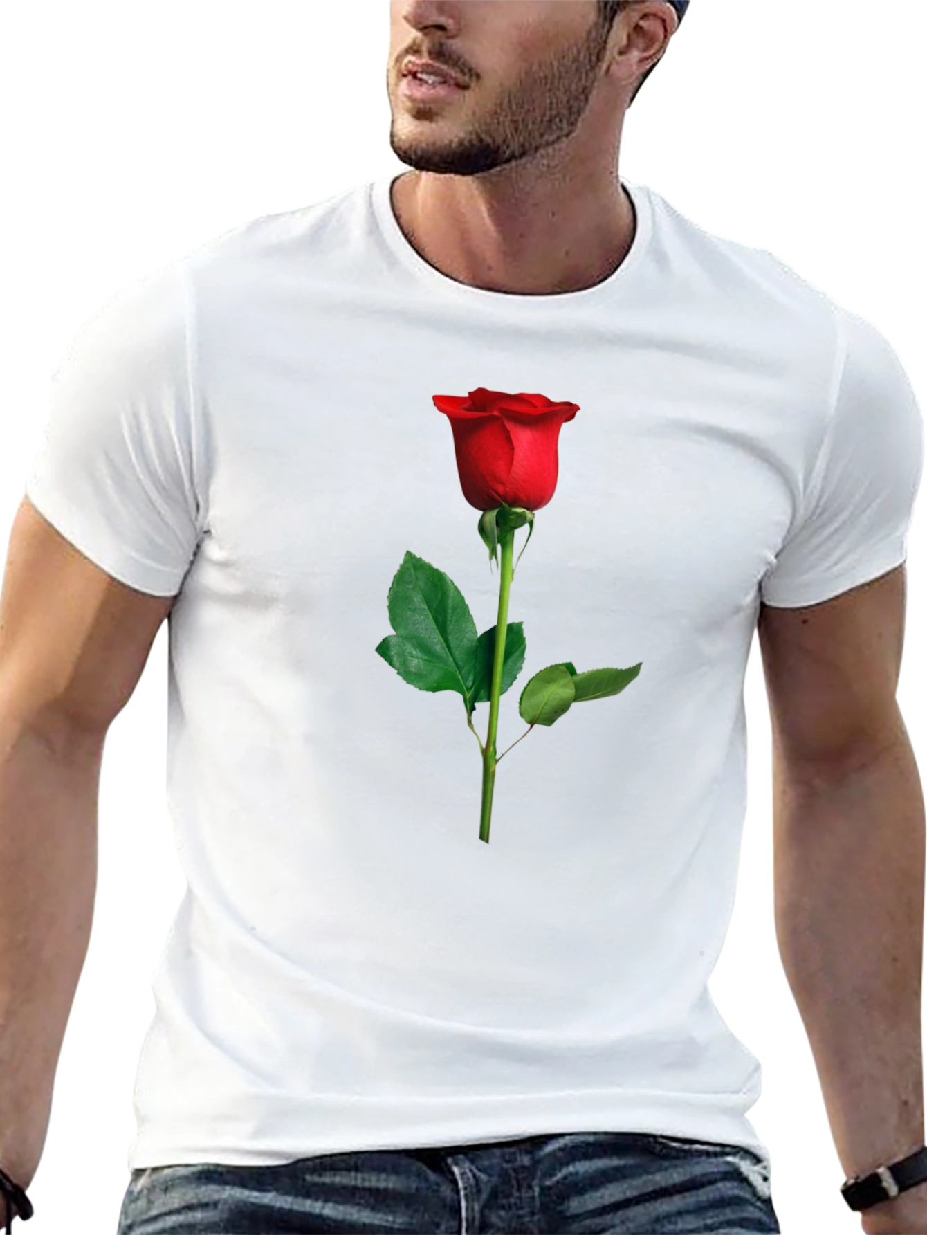 Elegant Red Rose Graphic Tee - Black Cotton