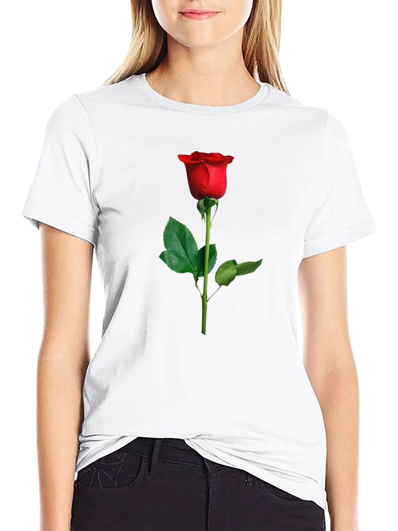 Elegant Red Rose Graphic Tee - Black Cotton
