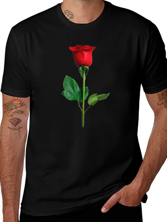 Elegant Red Rose Graphic Tee - Black Cotton
