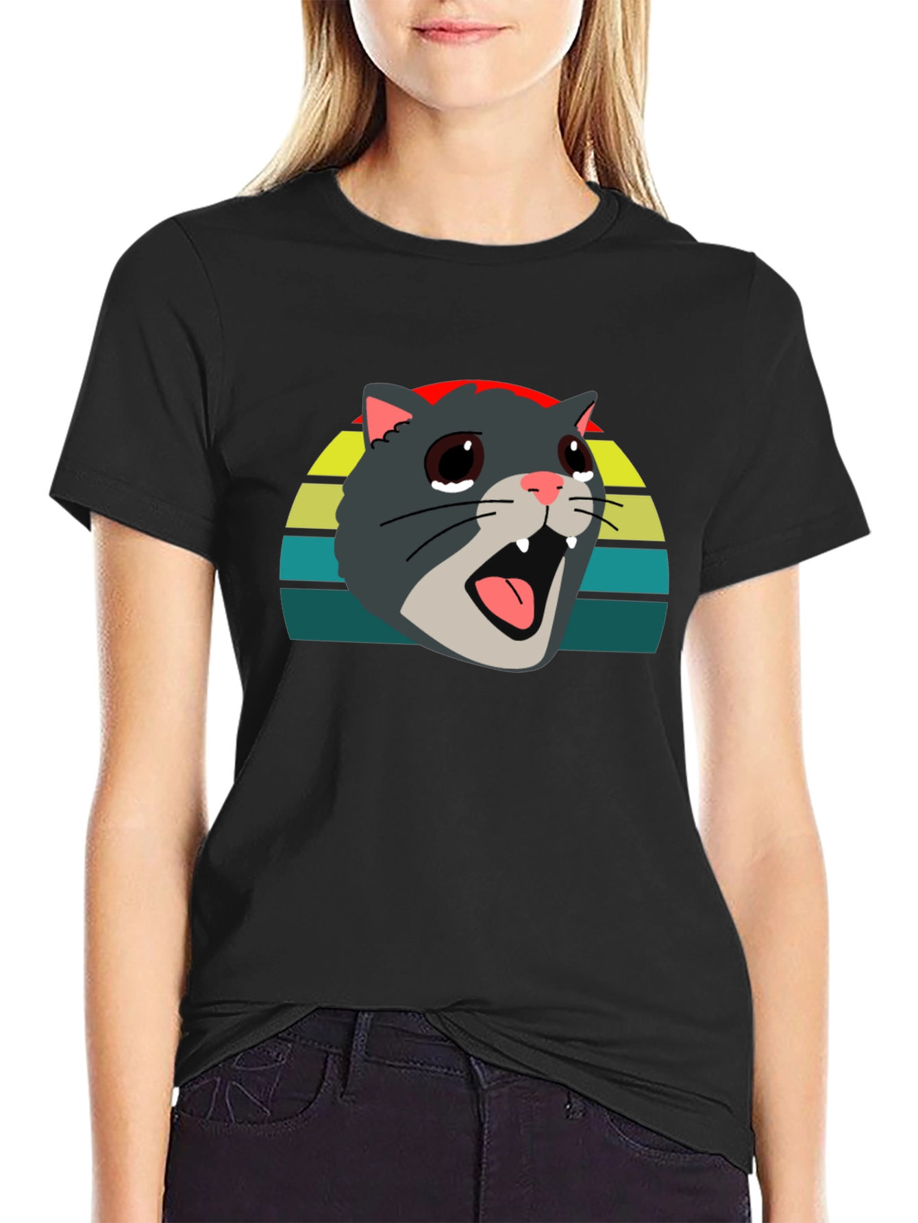 Crying Cat Meme Graphic Tee - Black
