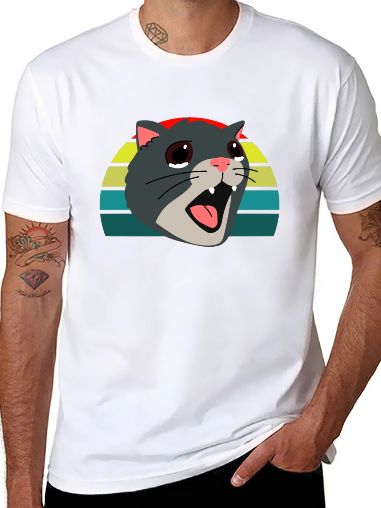 Crying Cat Meme Graphic Tee - Black