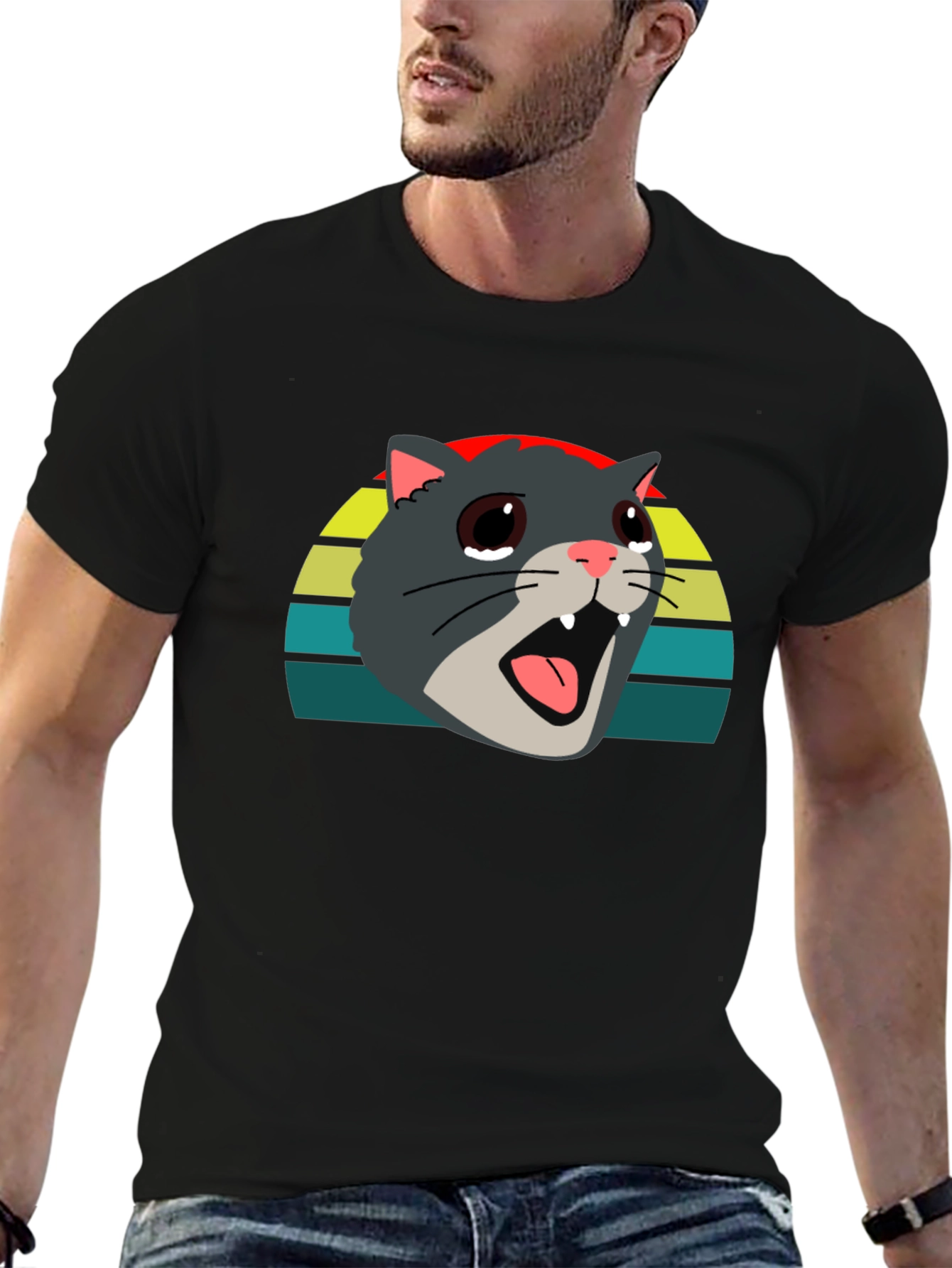Crying Cat Meme Graphic Tee - Black