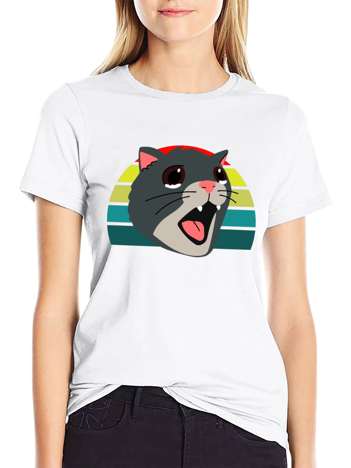 Crying Cat Meme Graphic Tee - Black