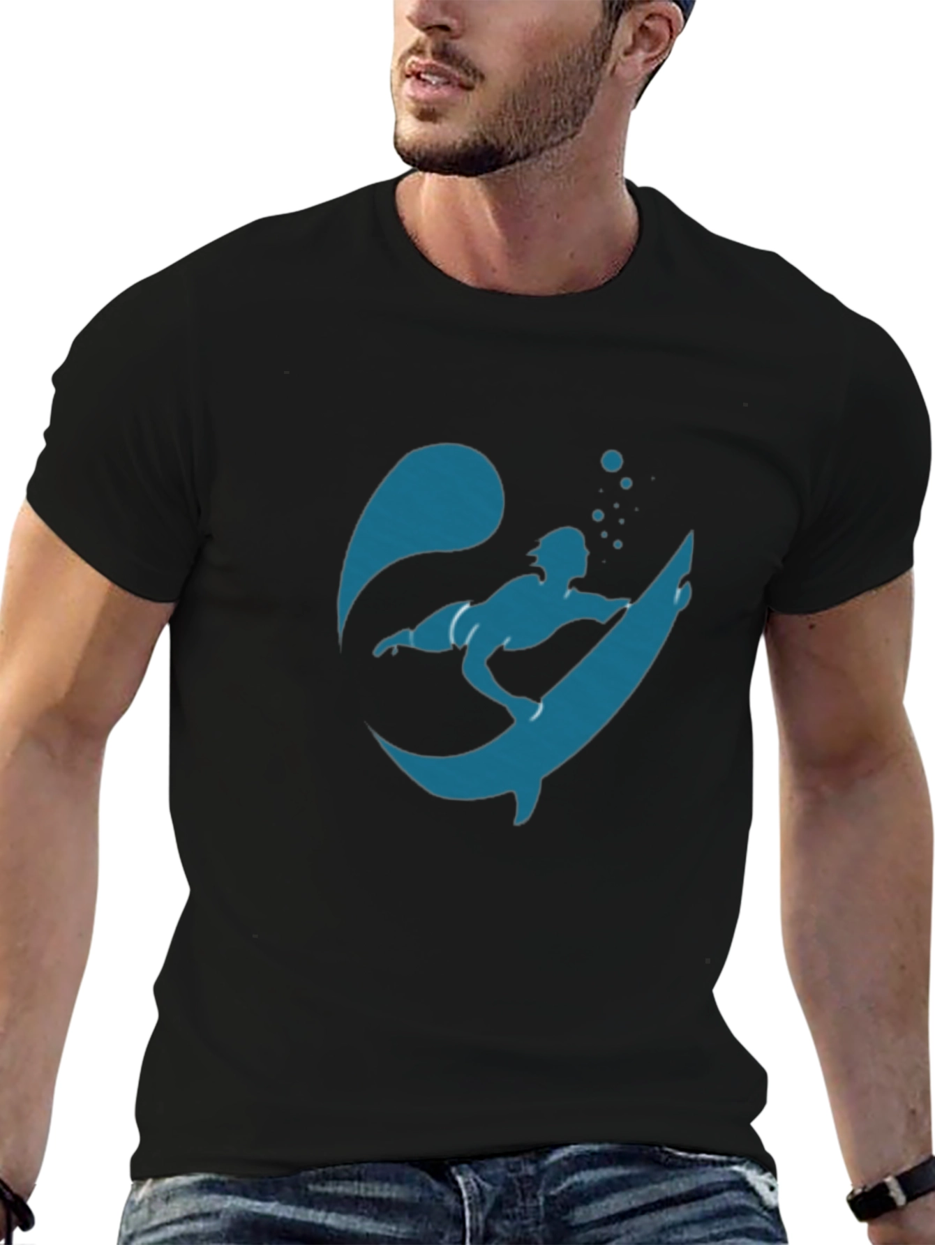 Surfer Silhouette Graphic Tee - Black Cotton T-Shirt