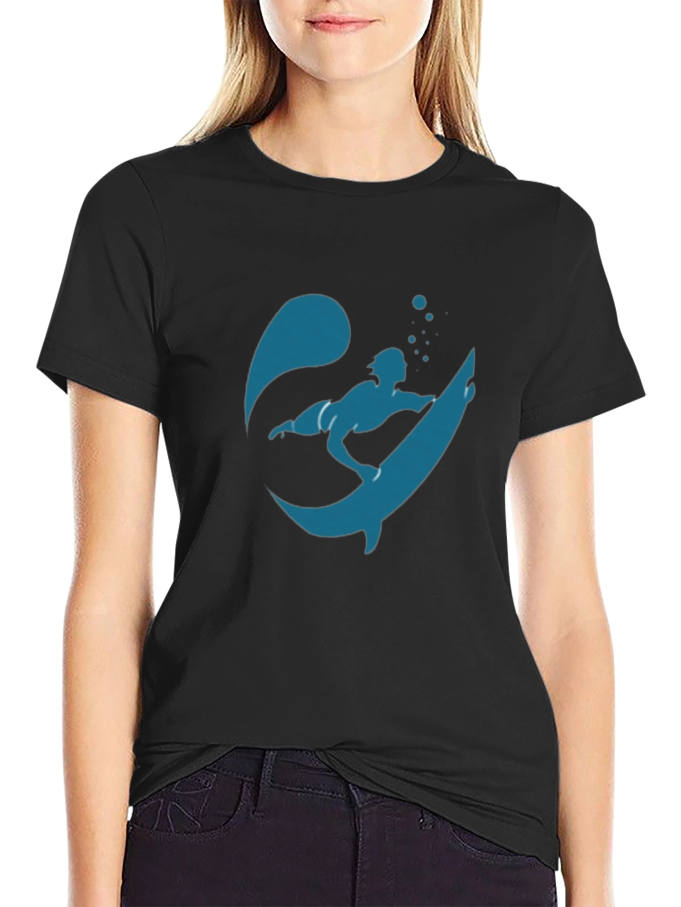 Surfer Silhouette Graphic Tee - Black Cotton T-Shirt