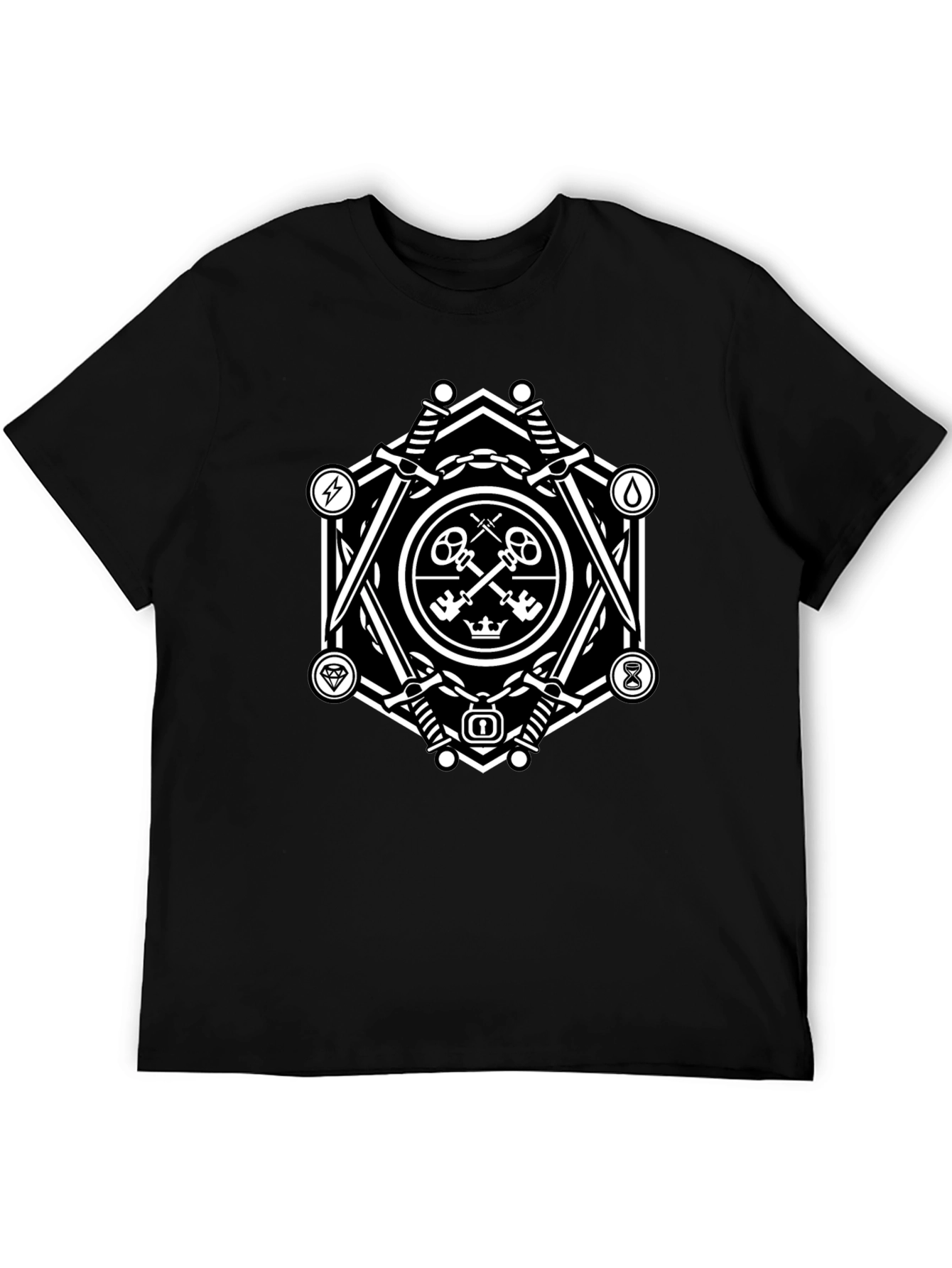 Geometric Key & Sword Graphic Black T-Shirt