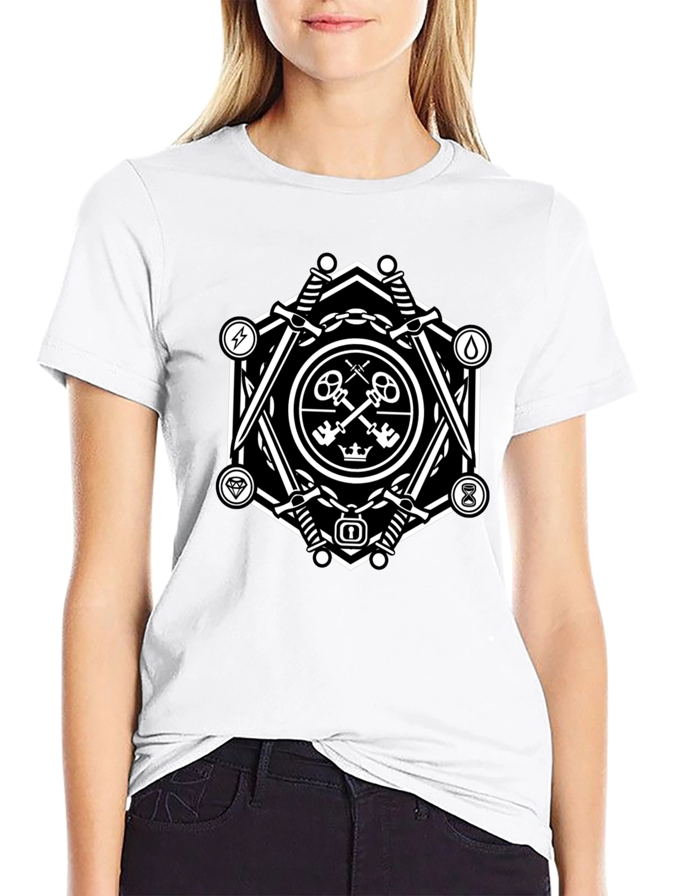 Geometric Key & Sword Graphic Black T-Shirt