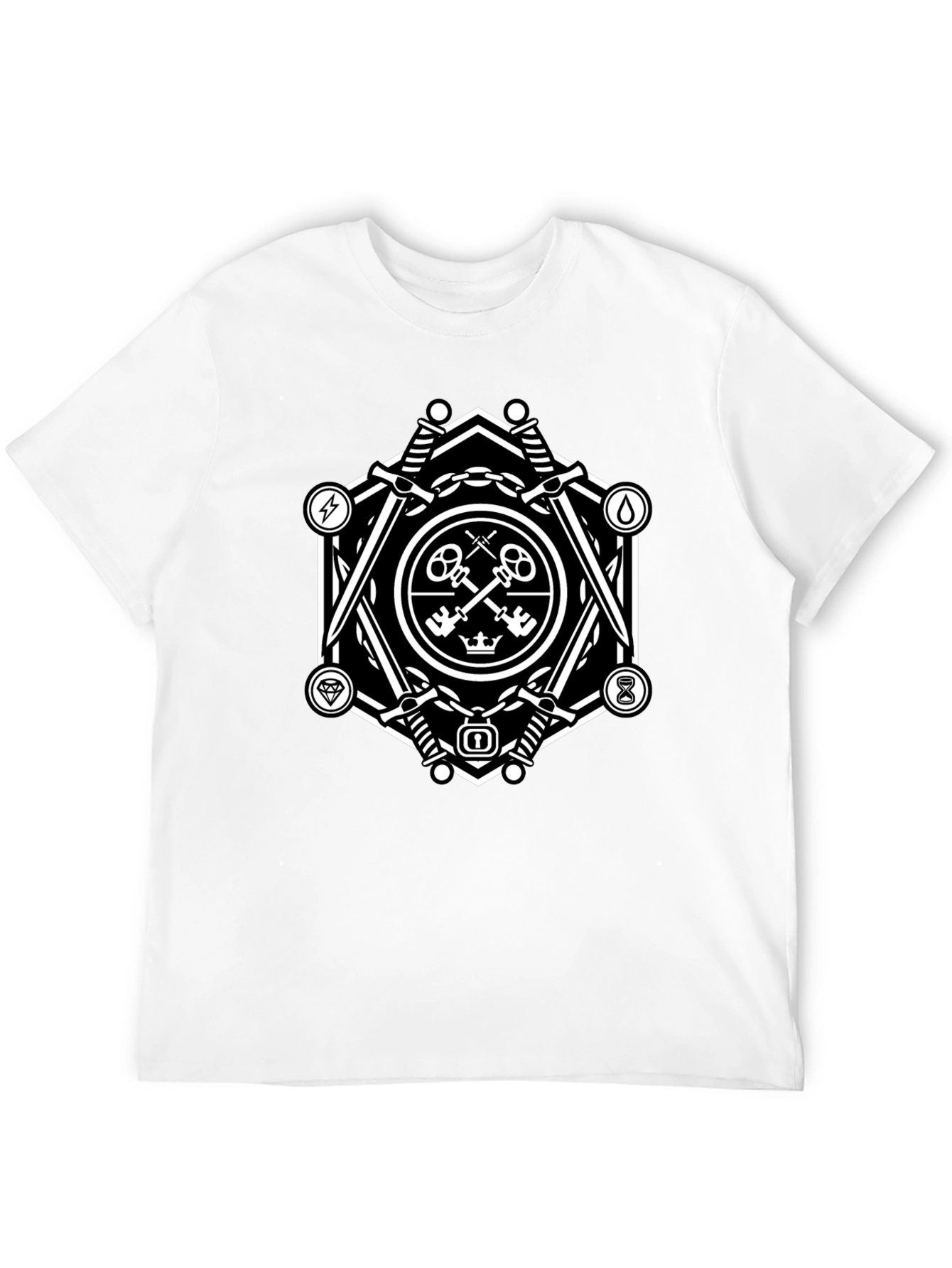 Geometric Key & Sword Graphic Black T-Shirt