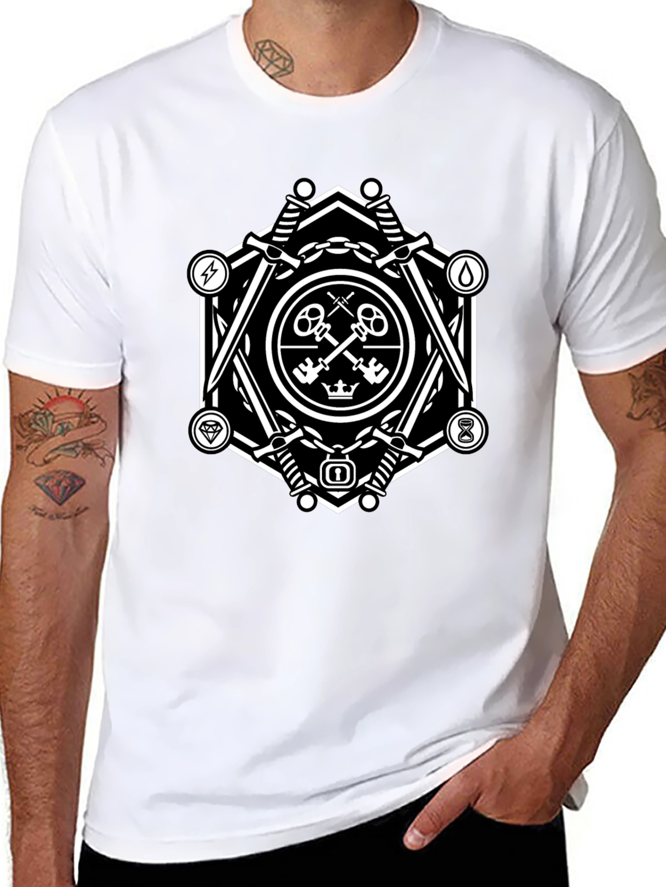 Geometric Key & Sword Graphic Black T-Shirt