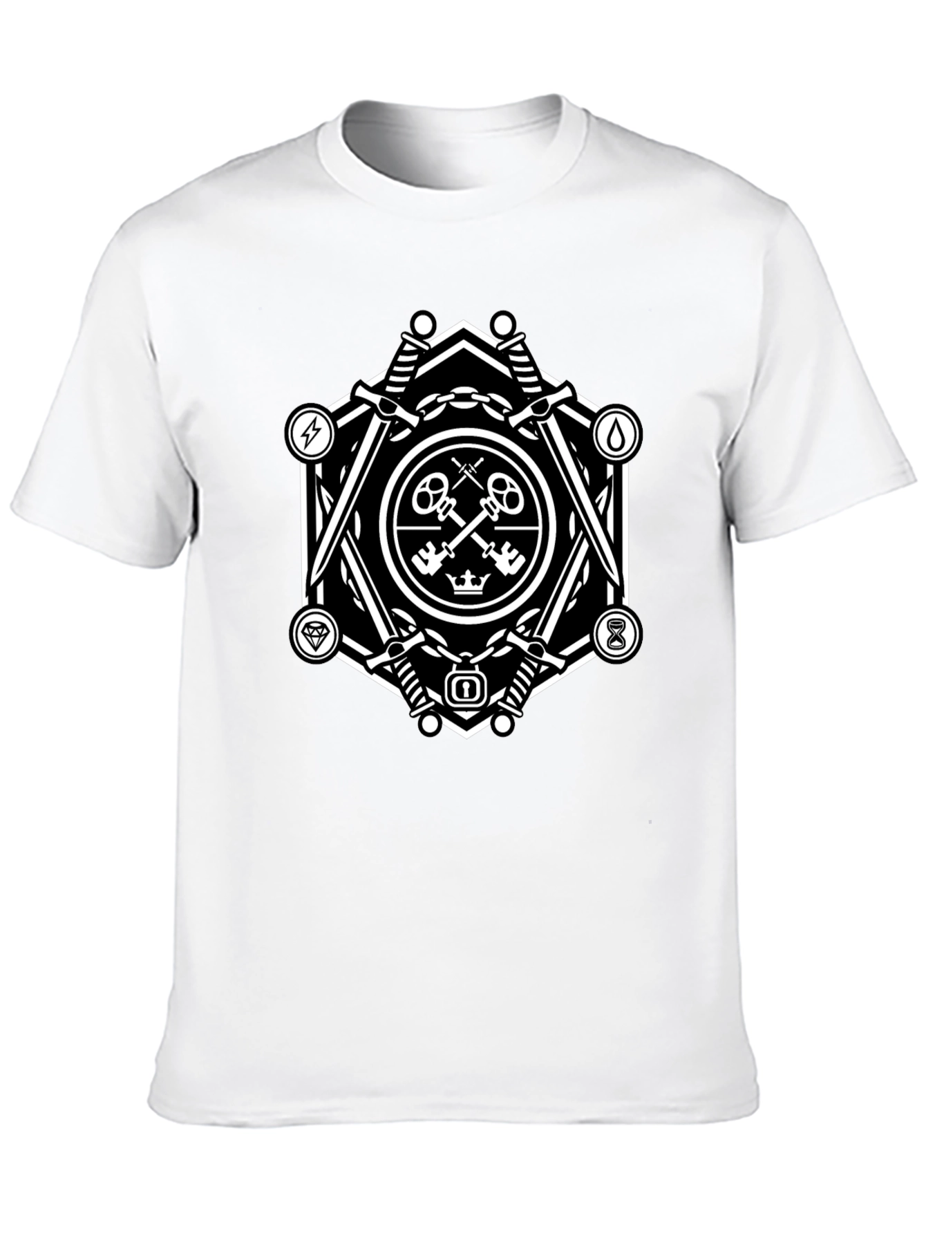 Geometric Key & Sword Graphic Black T-Shirt