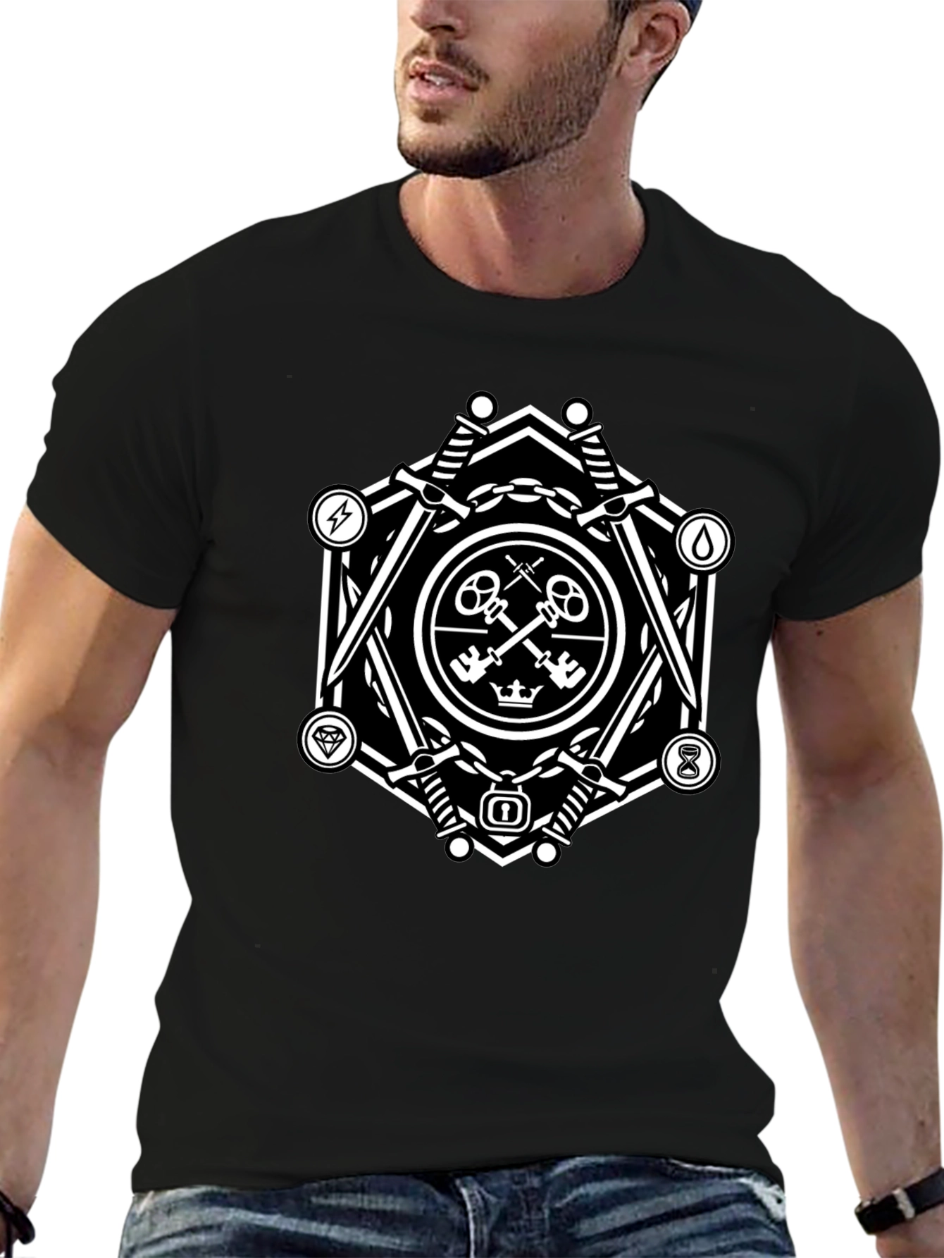 Geometric Key & Sword Graphic Black T-Shirt