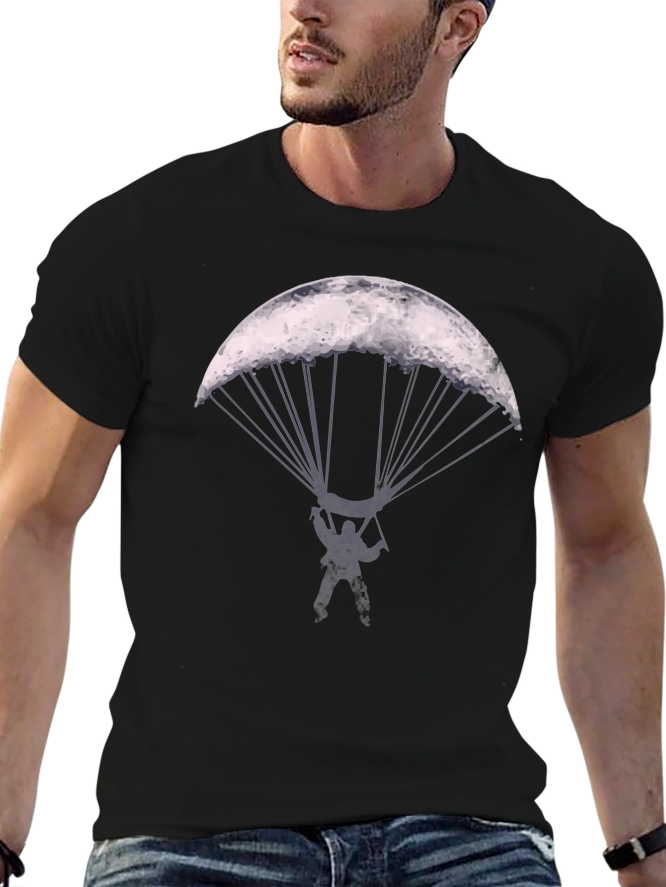 Parachute Moon Graphic T-Shirt - Cool Novelty Design