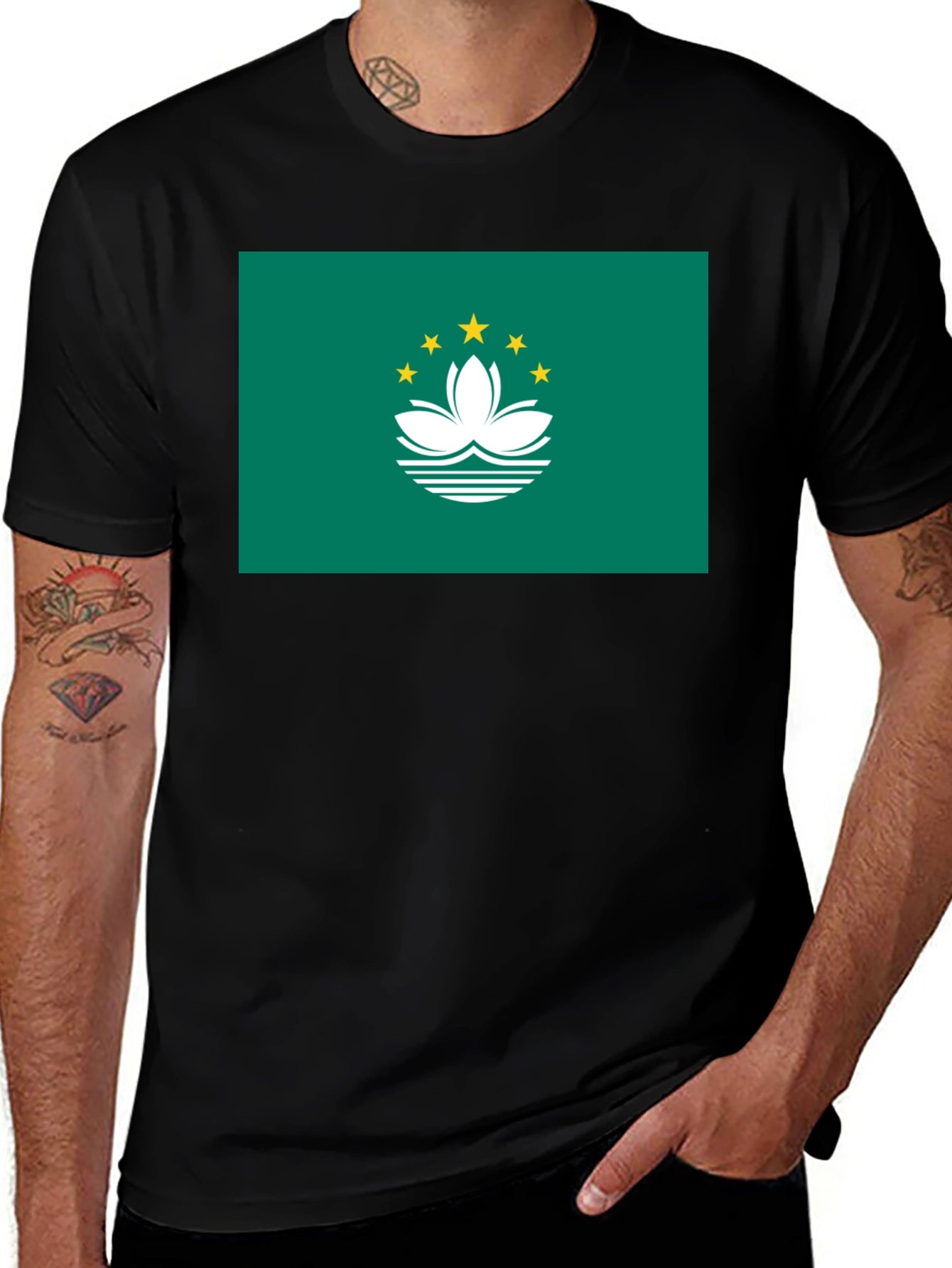 Macau Flag Graphic Tee - Black Cotton T-Shirt