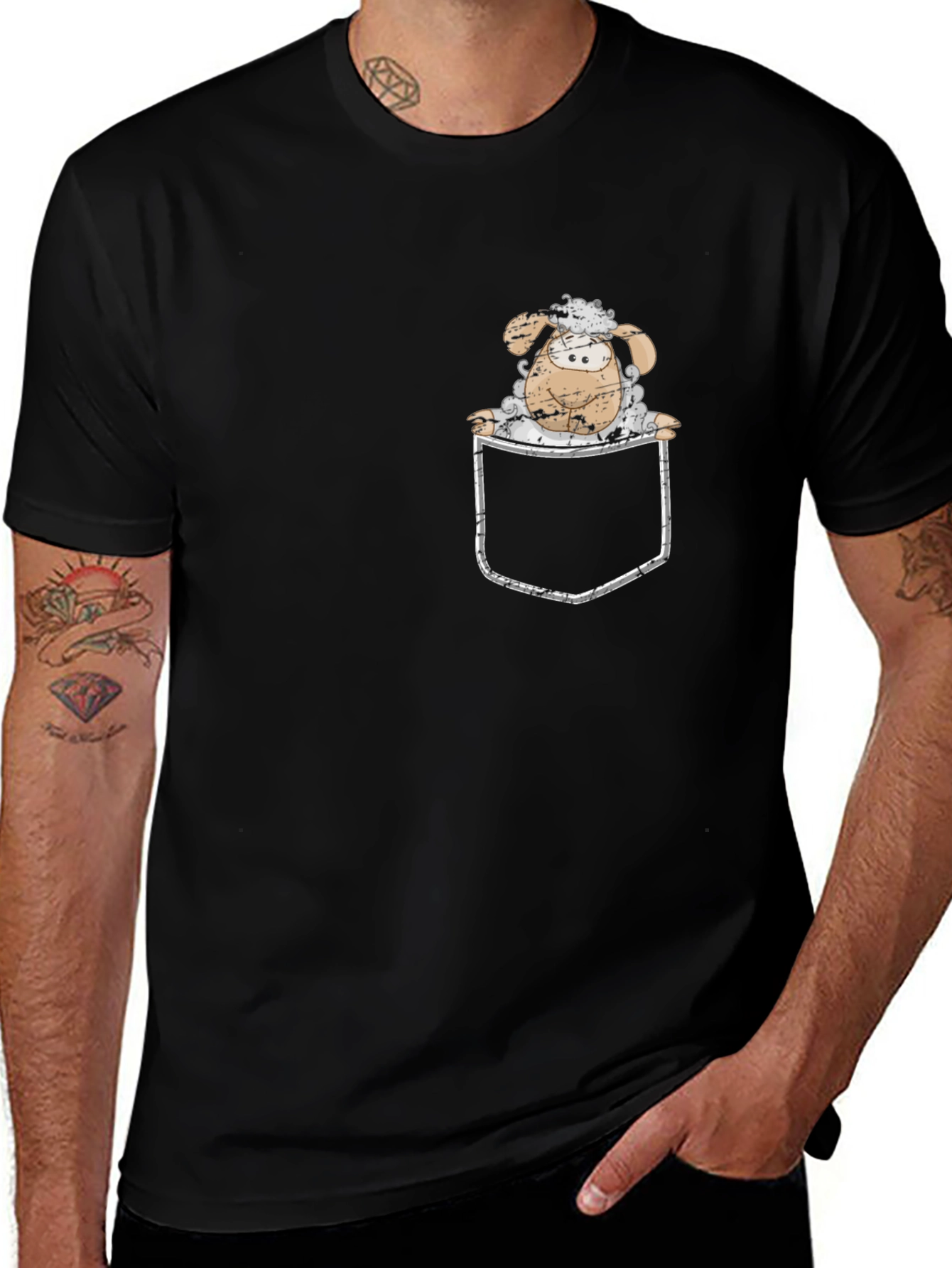 Cartoon Sheep in Pocket Black T-Shirt