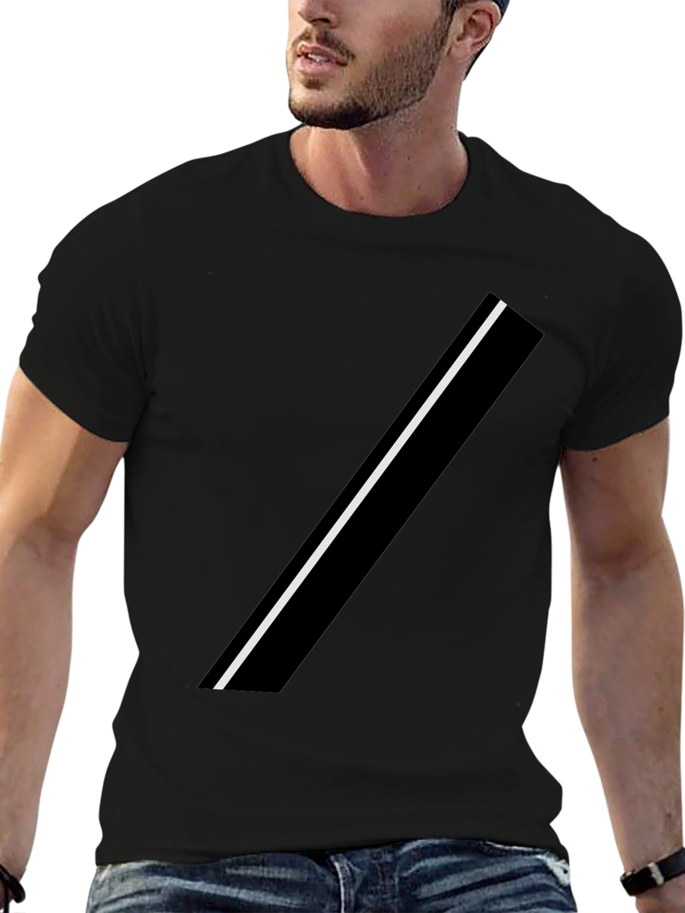Modern Black Tee with Asymmetrical White Stripe