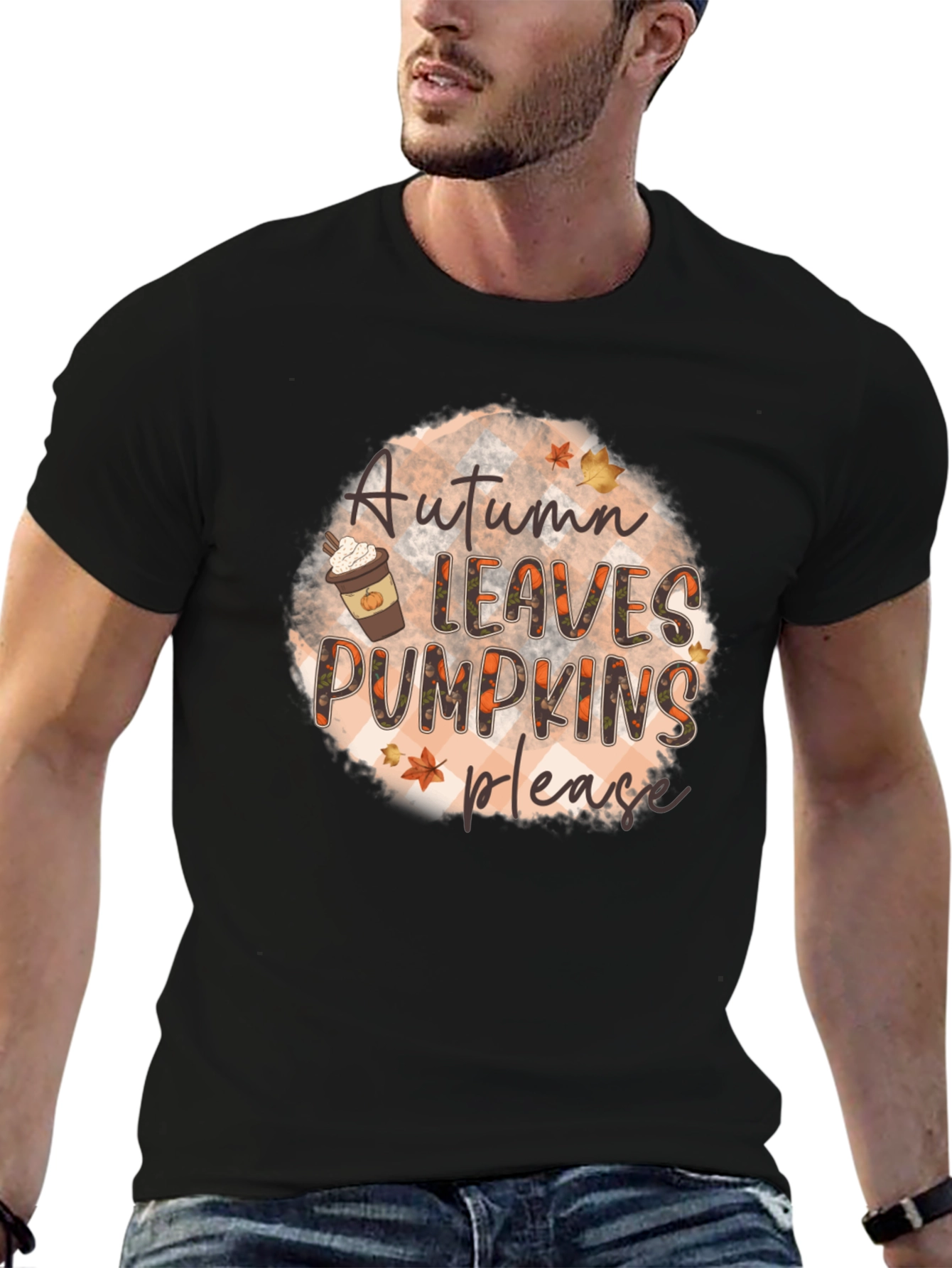 Autumn Leaves Pumpkins Please Black T-Shirt