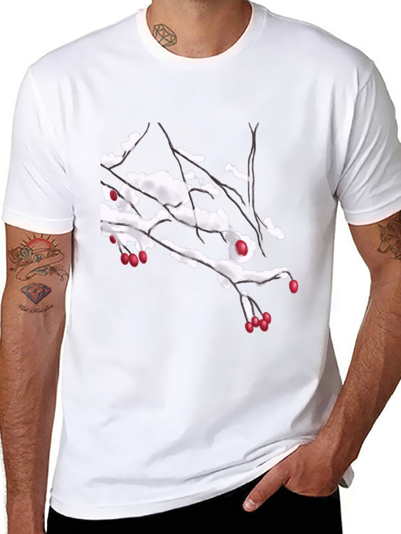 Snowy Berry Branch Black T-Shirt