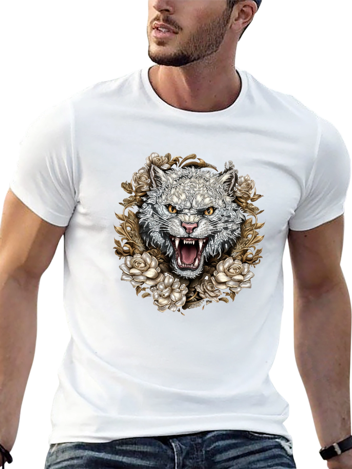 Floral Wolf Graphic Tee - Black