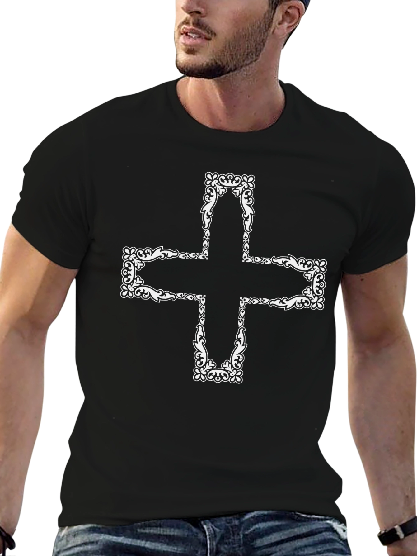 Ornate Cross Graphic Tee - Black Cotton T-Shirt