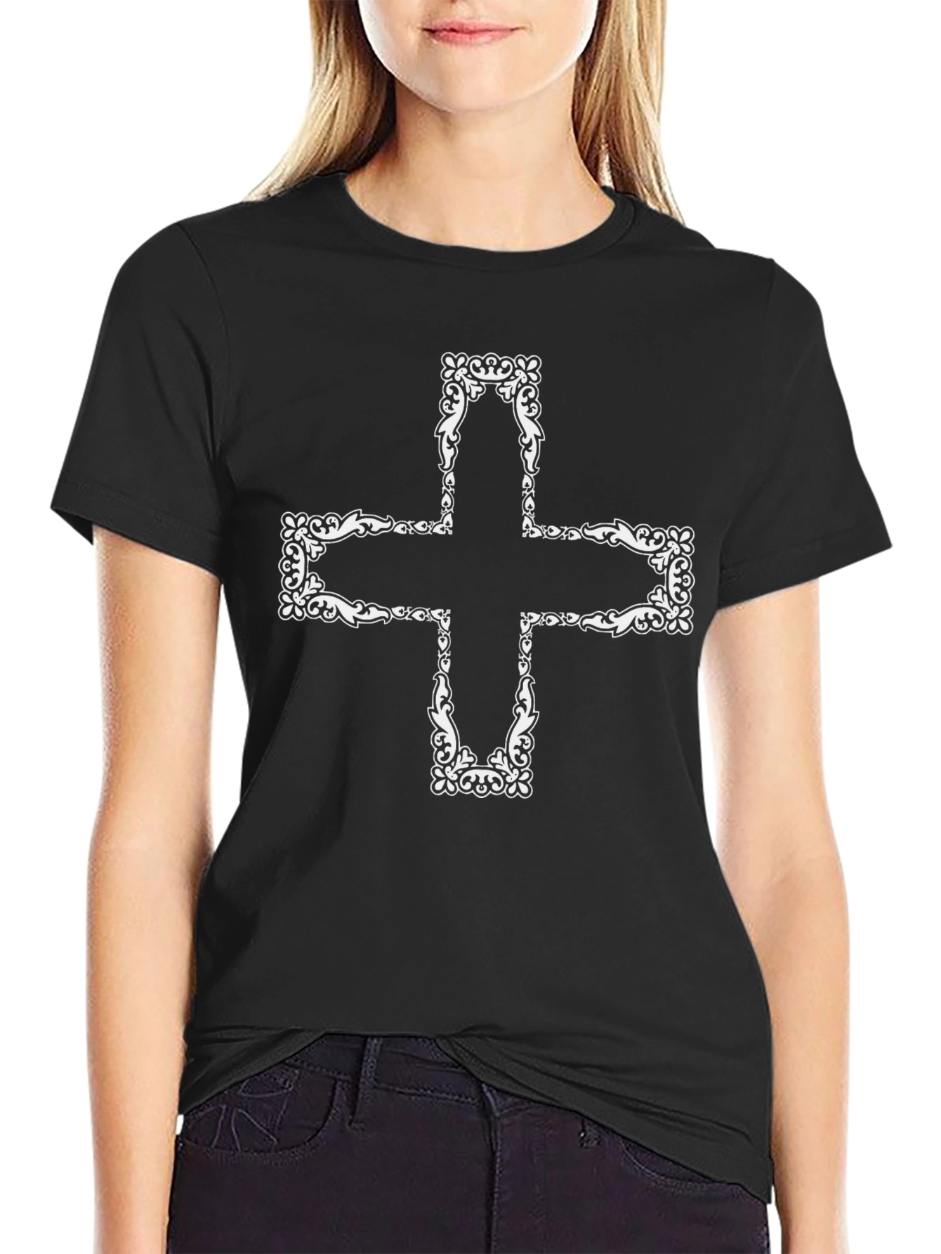 Ornate Cross Graphic Tee - Black Cotton T-Shirt