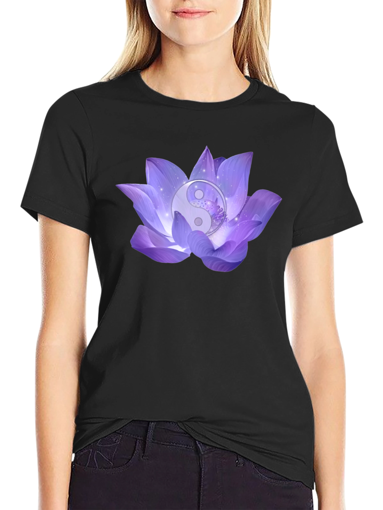 Yin Yang Lotus Flower Graphic T-Shirt