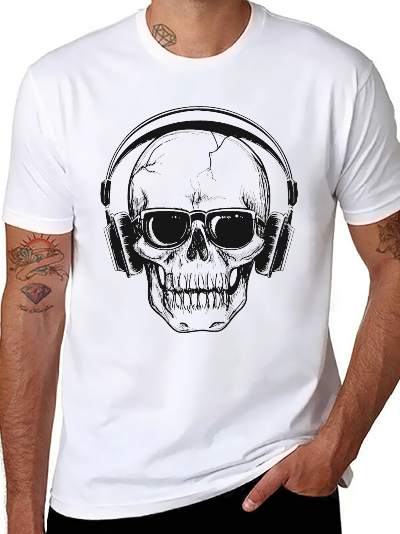 Skull with Headphones Graphic T-Shirt - Black