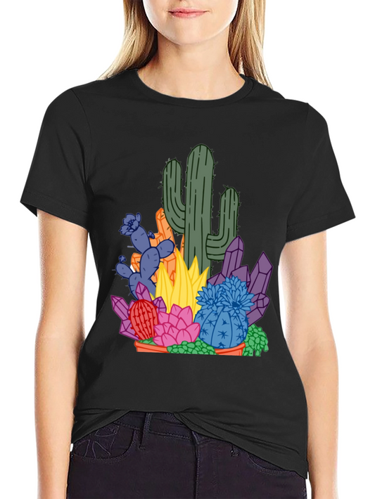 Cactus & Crystal Graphic Tee - Black Cotton Casual Shirt