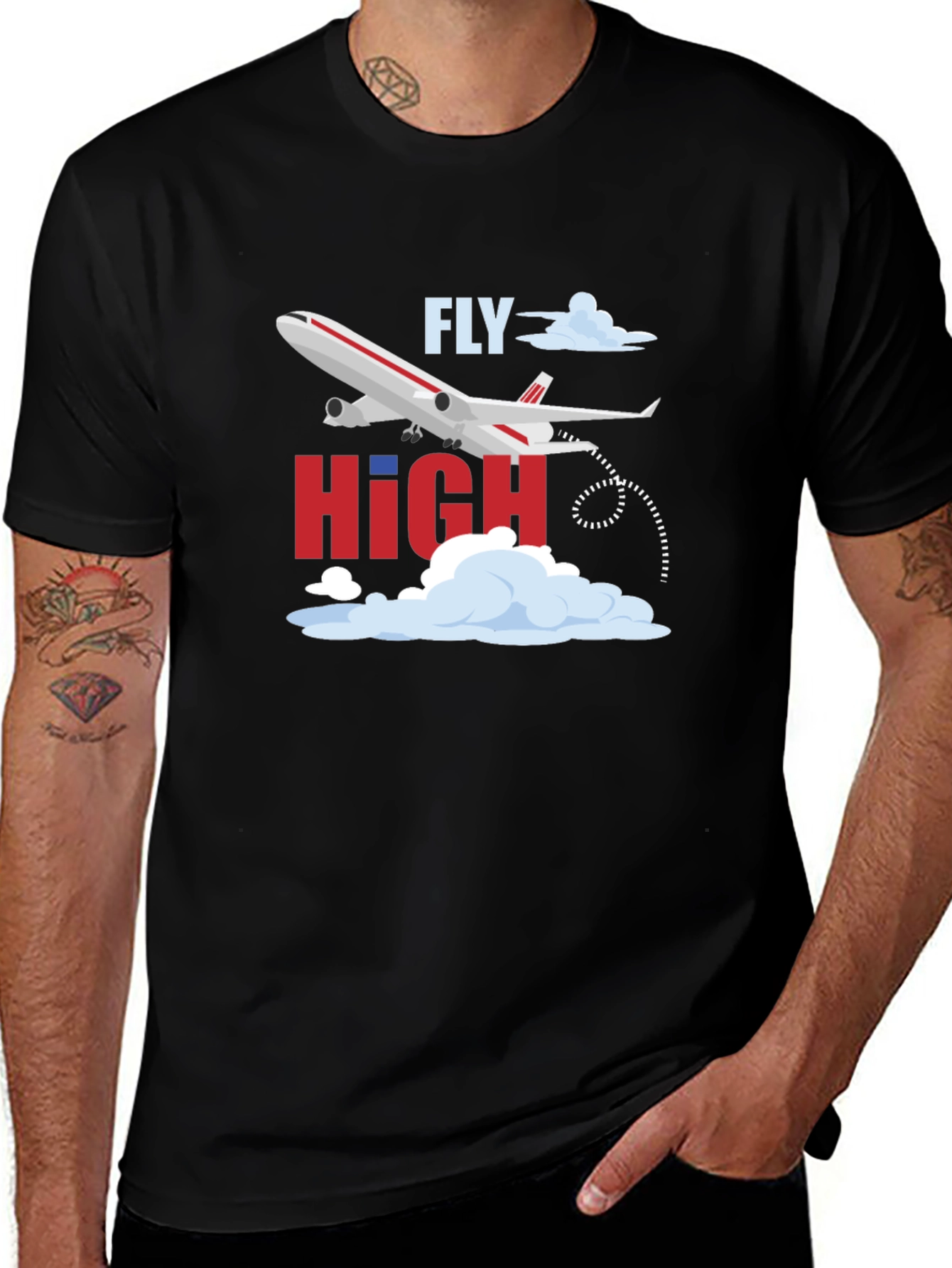 Fly High Airplane Graphic Tee - Black Cotton T-Shirt