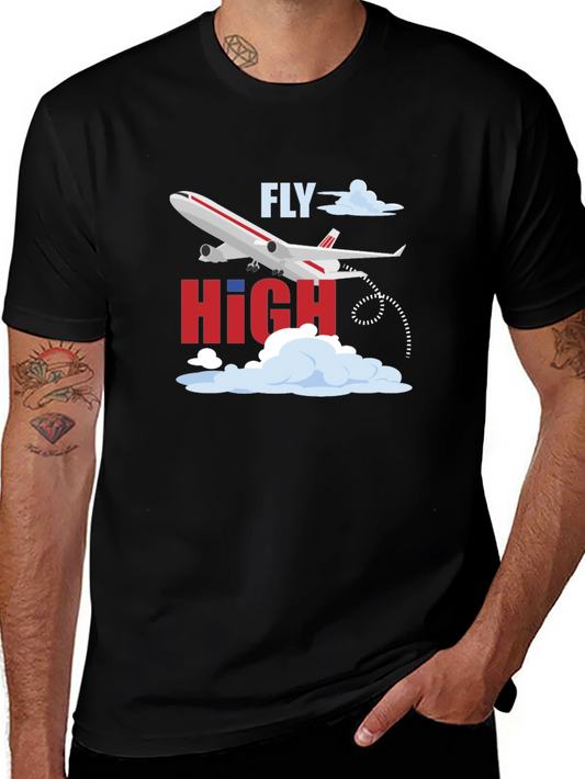 Fly High Airplane Graphic Tee - Black Cotton T-Shirt