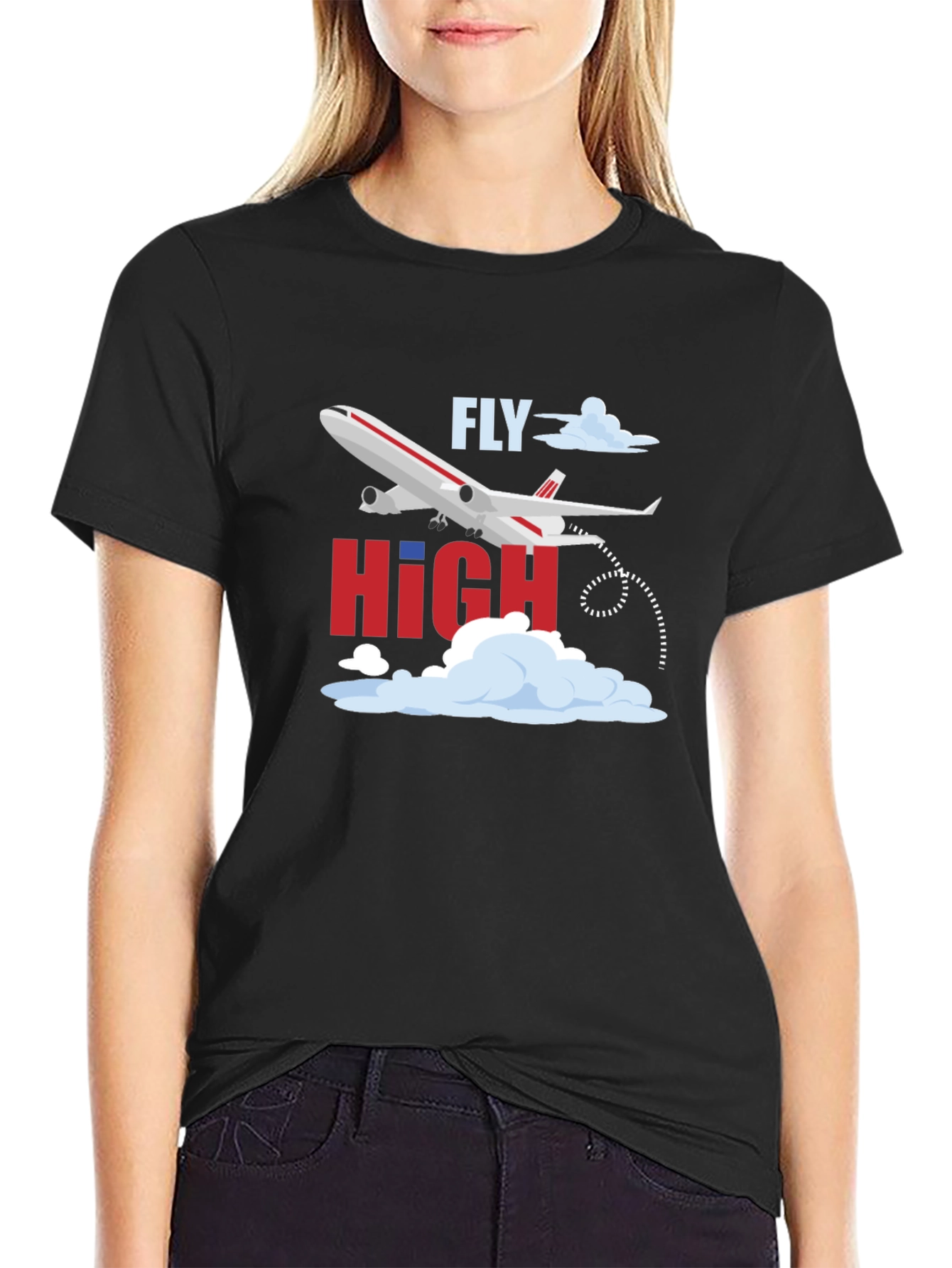 Fly High Airplane Graphic Tee - Black Cotton T-Shirt