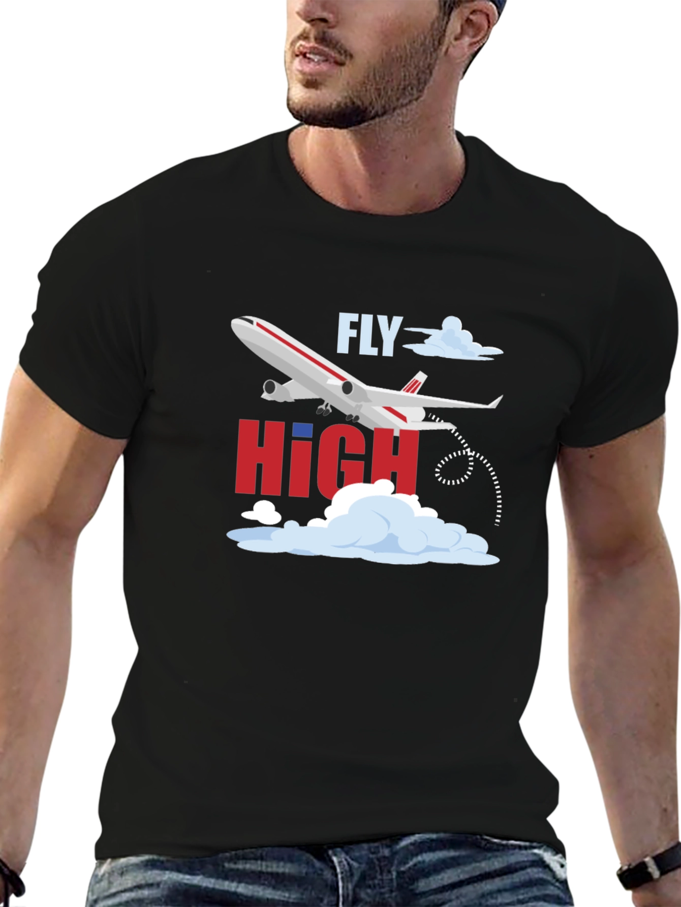 Fly High Airplane Graphic Tee - Black Cotton T-Shirt