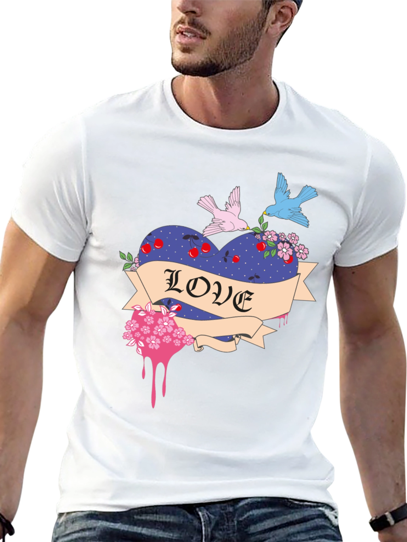 Love Heart Birds Graphic Black T-Shirt