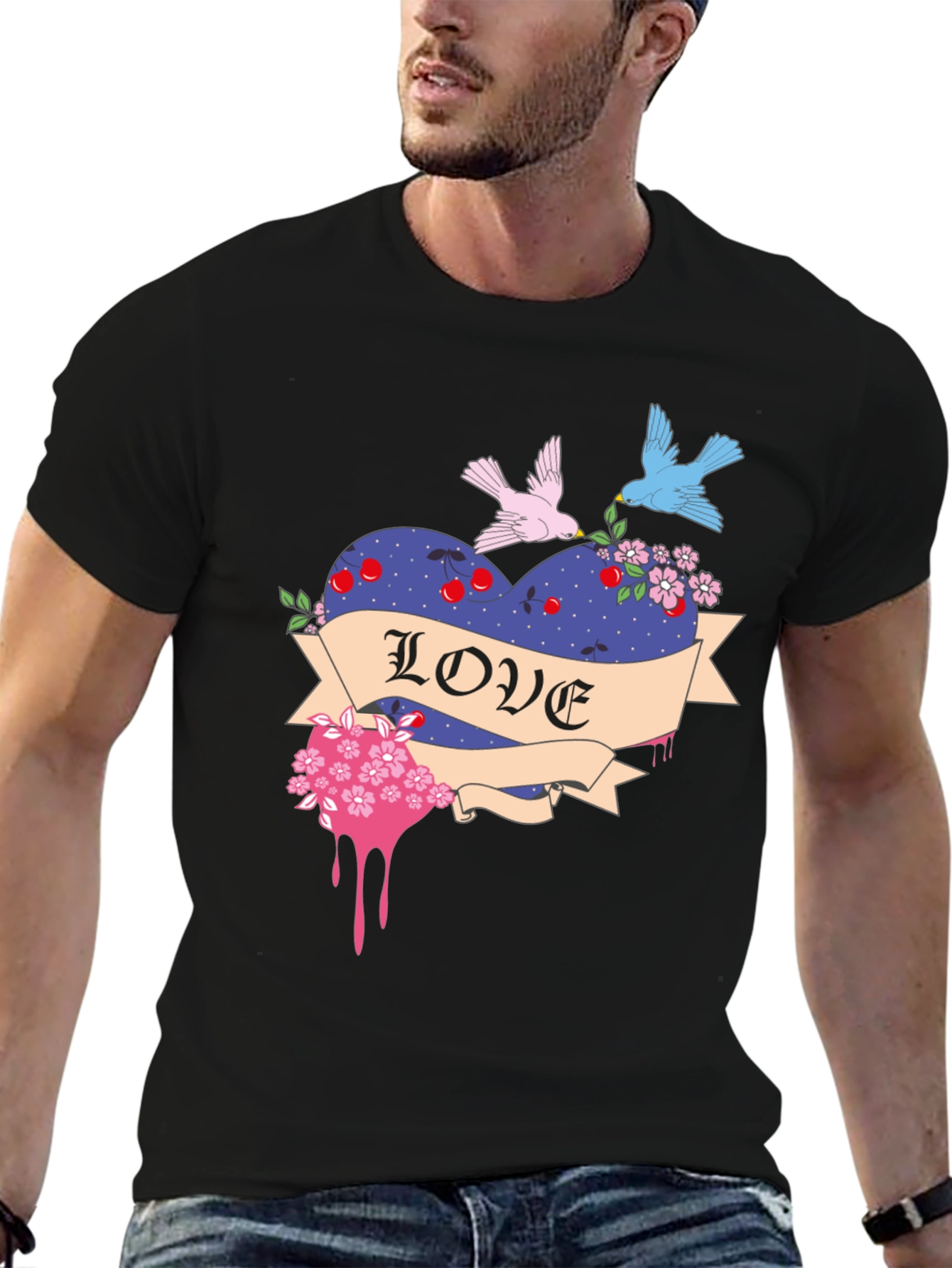 Love Heart Birds Graphic Black T-Shirt